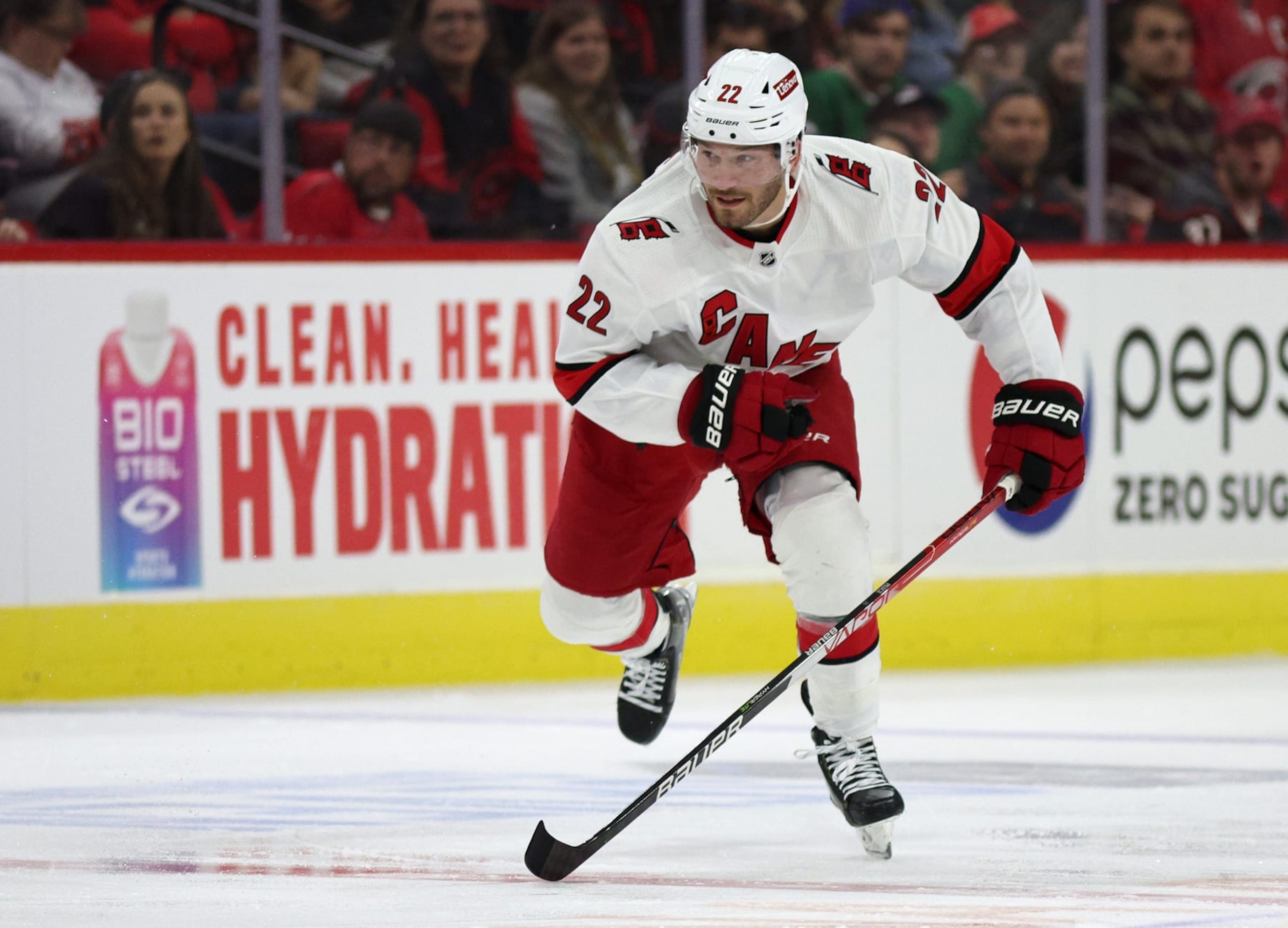 RALEIGH, NORTH CAROLINA - SEPTEMBER 27: Brett Pesce #22 of the Carolina Hurricanes skates without the puck during the third period of their game against the Florida Panthers at PNC Arena on September 27, 2023 in Raleigh, North Carolina. (Photo by Jared C. Tilton/Getty Images) RALEIGH, NORTH CAROLINA - SEPTEMBER 27: Brett Pesce #22 of the Carolina Hurricanes skates without the puck during the third period of their game against the Florida Panthers at PNC Arena on September 27, 2023 in Raleigh, North Carolina. (Photo by Jared C. Tilton/Getty Images)