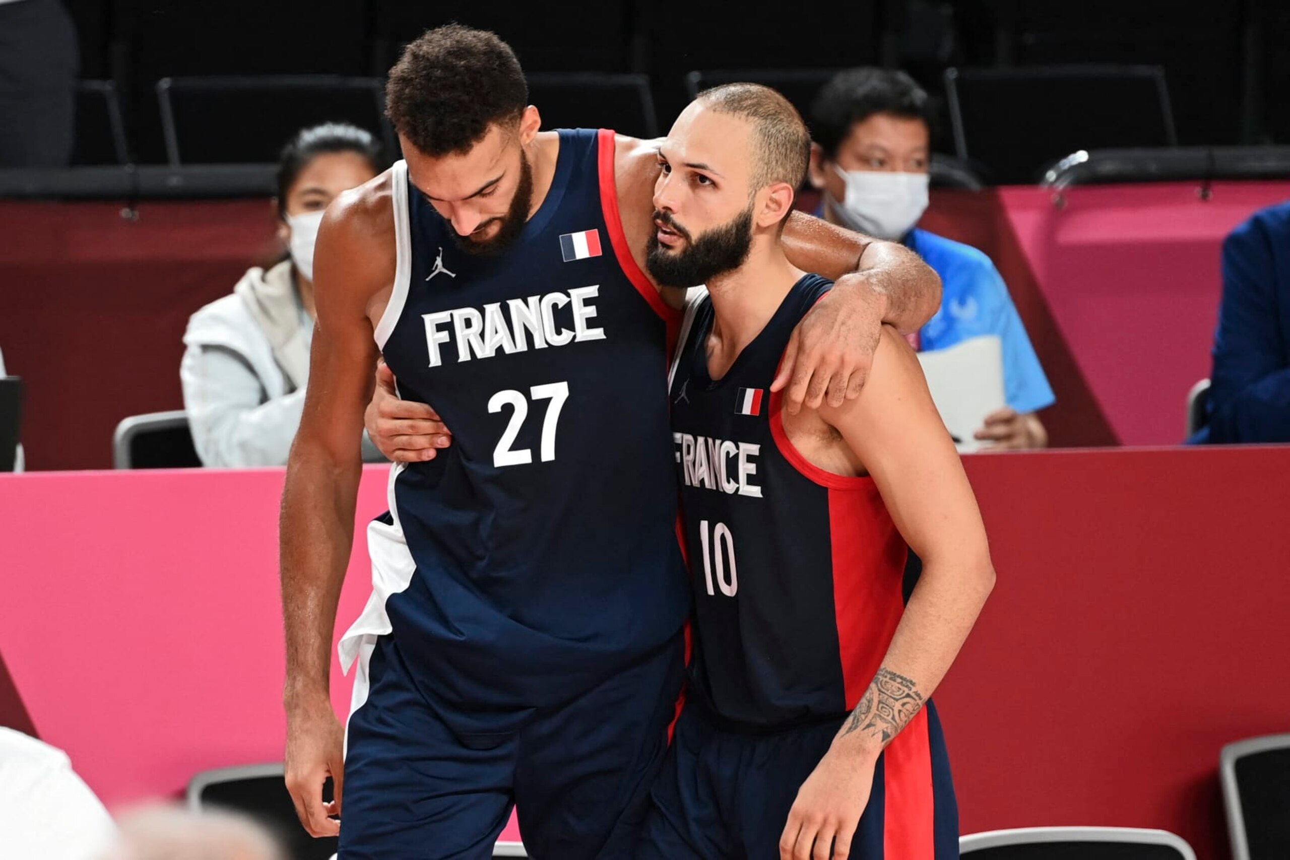 France's Rudy Gobert (L) reacts next to teammate Evan Fournier after France's defeat in the men's final basketball match between France and USA during the Tokyo 2020 Olympic Games at the Saitama Super Arena in Saitama on August 7, 2021. (Photo by Mohd RASFAN / AFP) (Photo by MOHD RASFAN/AFP via Getty Images) France's Rudy Gobert (L) reacts next to teammate Evan Fournier after France's defeat in the men's final basketball match between France and USA during the Tokyo 2020 Olympic Games at the Saitama Super Arena in Saitama on August 7, 2021. (Photo by Mohd RASFAN / AFP) (Photo by MOHD RASFAN/AFP via Getty Images)