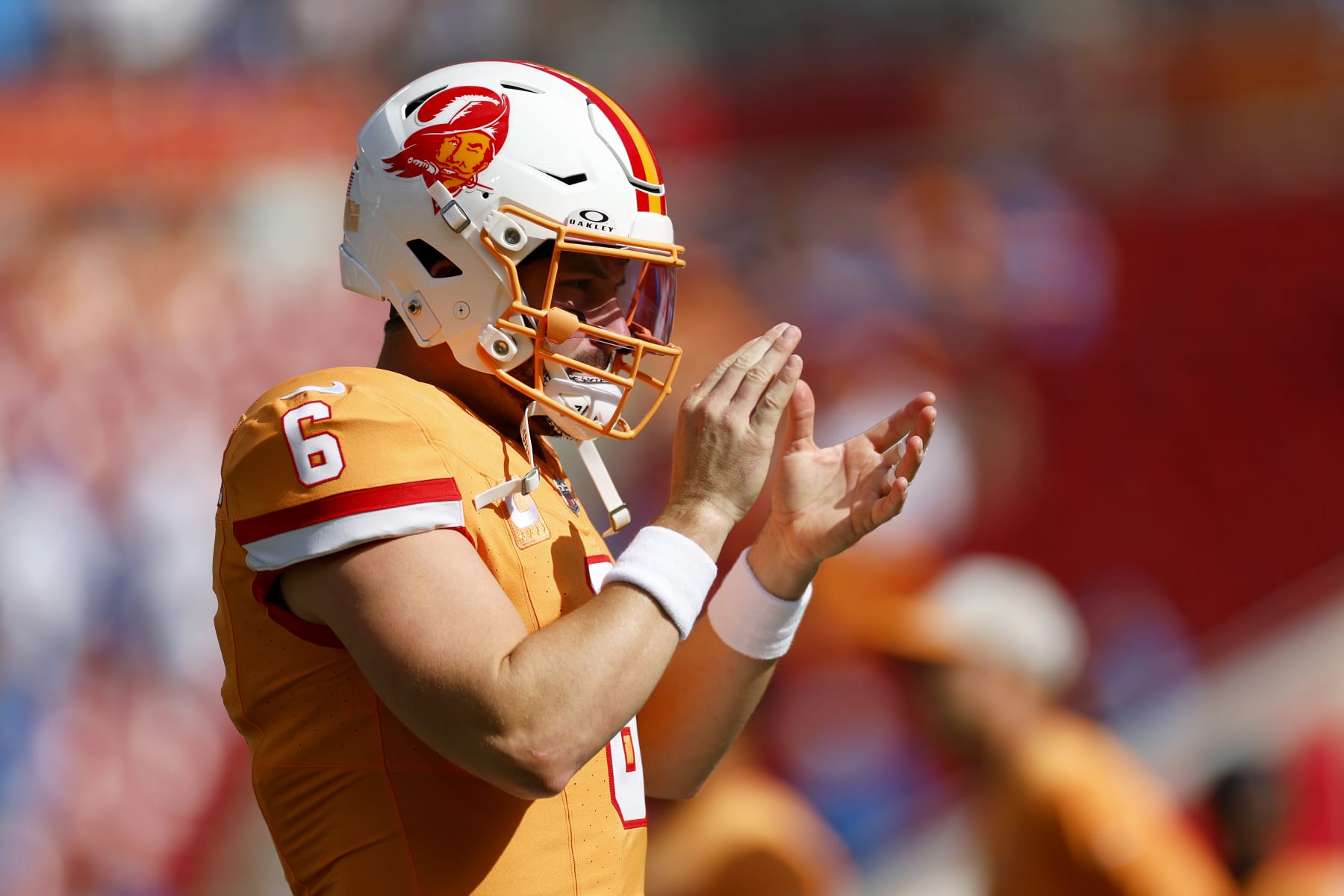 TAMPA, FLORIDA - OCTOBER 15: Baker Mayfield #6 of the Tampa Bay Buccaneers looks on prior to a game against the Detroit Lions at Raymond James Stadium on October 15, 2023 in Tampa, Florida. (Photo by Mike Ehrmann/Getty Images)