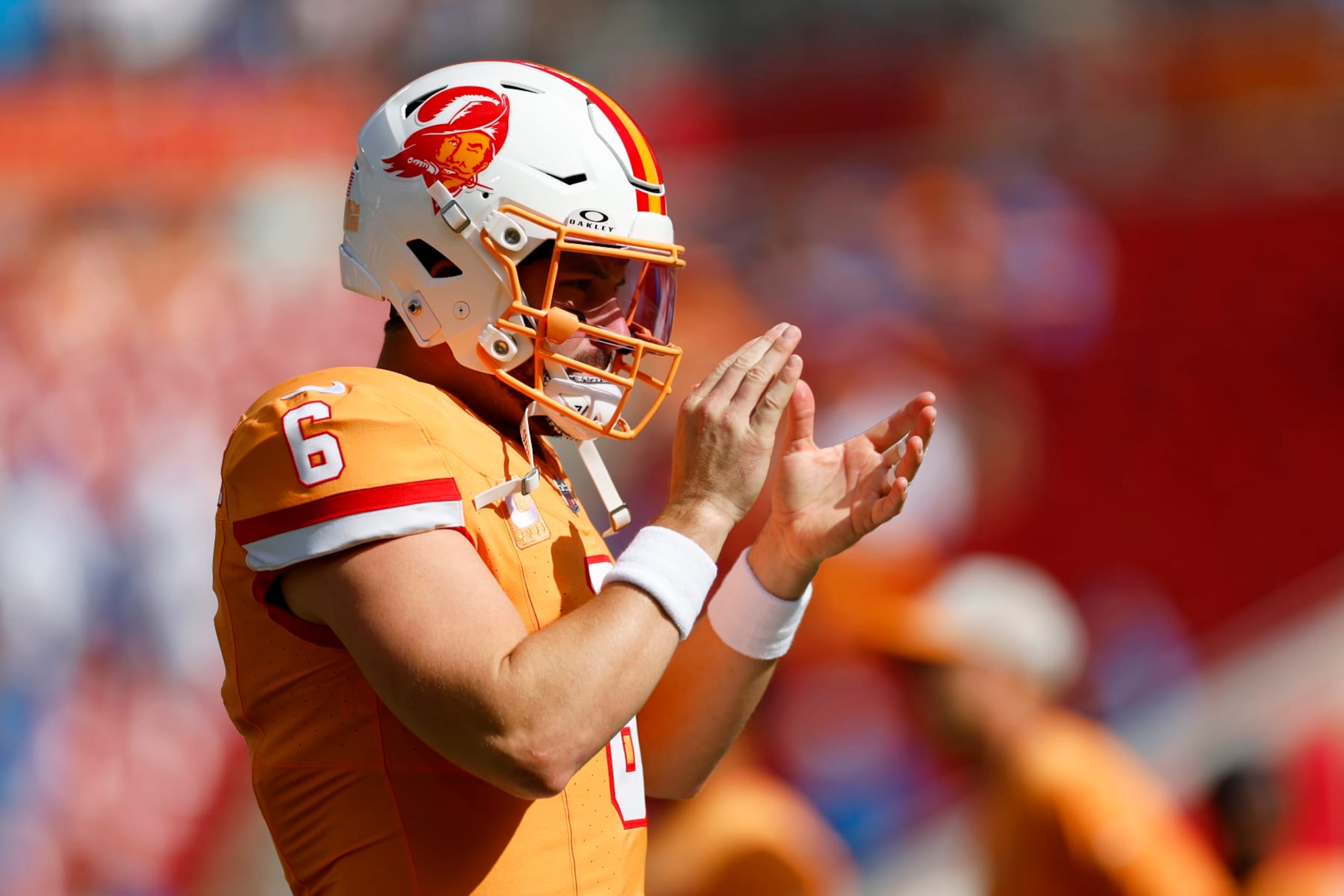 TAMPA, FLORIDA - OCTOBER 15: Baker Mayfield #6 of the Tampa Bay Buccaneers looks on prior to a game against the Detroit Lions at Raymond James Stadium on October 15, 2023 in Tampa, Florida. (Photo by Mike Ehrmann/Getty Images)