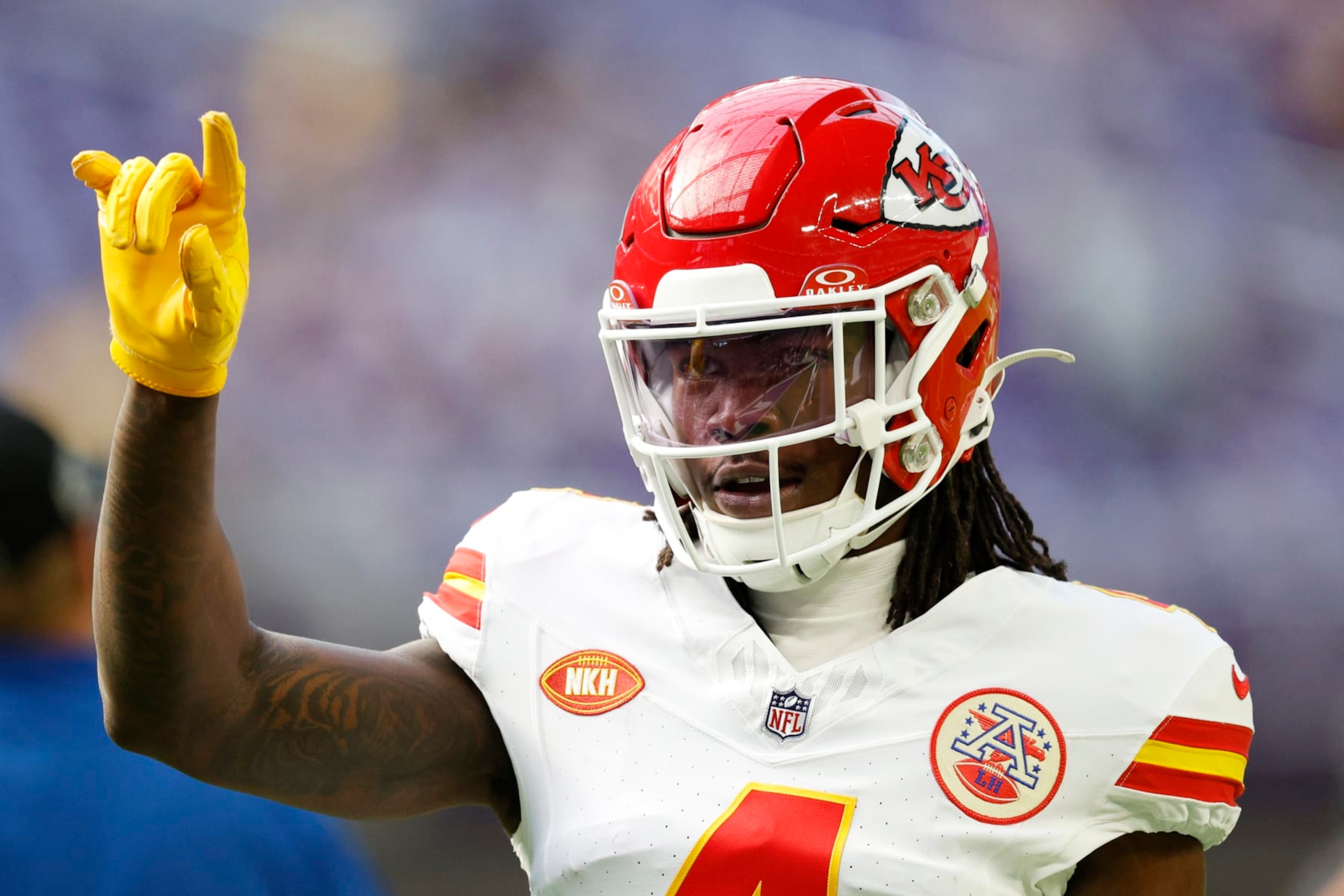 MINNEAPOLIS, MINNESOTA - OCTOBER 08: Rashee Rice #4 of the Kansas City Chiefs looks on prior to a game against the Minnesota Vikings at U.S. Bank Stadium on October 08, 2023 in Minneapolis, Minnesota. (Photo by David Berding/Getty Images) MINNEAPOLIS, MINNESOTA - OCTOBER 08: Rashee Rice #4 of the Kansas City Chiefs looks on prior to a game against the Minnesota Vikings at U.S. Bank Stadium on October 08, 2023 in Minneapolis, Minnesota. (Photo by David Berding/Getty Images)
