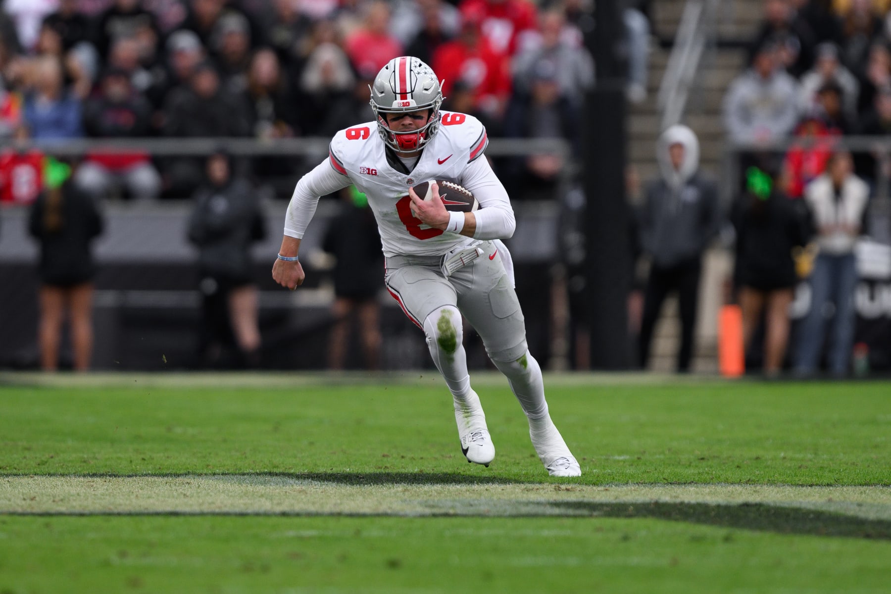 WEST LAFAYETTE, IN - OCTOBER 14: Ohio State Buckeyes quarterback Kyle McCord (6) runs down the field during the college football game between the Purdue Boilermakers and Ohio State Buckeyes on October 14, 2023, at Ross-Ade Stadium in West Lafayette, IN. (Photo by Zach Bolinger/Icon Sportswire via Getty Images)