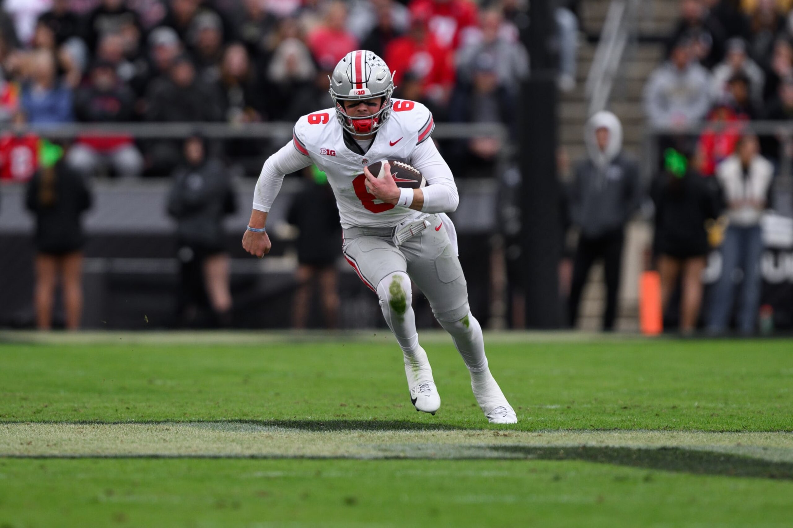 WEST LAFAYETTE, IN - OCTOBER 14: Ohio State Buckeyes quarterback Kyle McCord (6) runs down the field during the college football game between the Purdue Boilermakers and Ohio State Buckeyes on October 14, 2023, at Ross-Ade Stadium in West Lafayette, IN. (Photo by Zach Bolinger/Icon Sportswire via Getty Images)