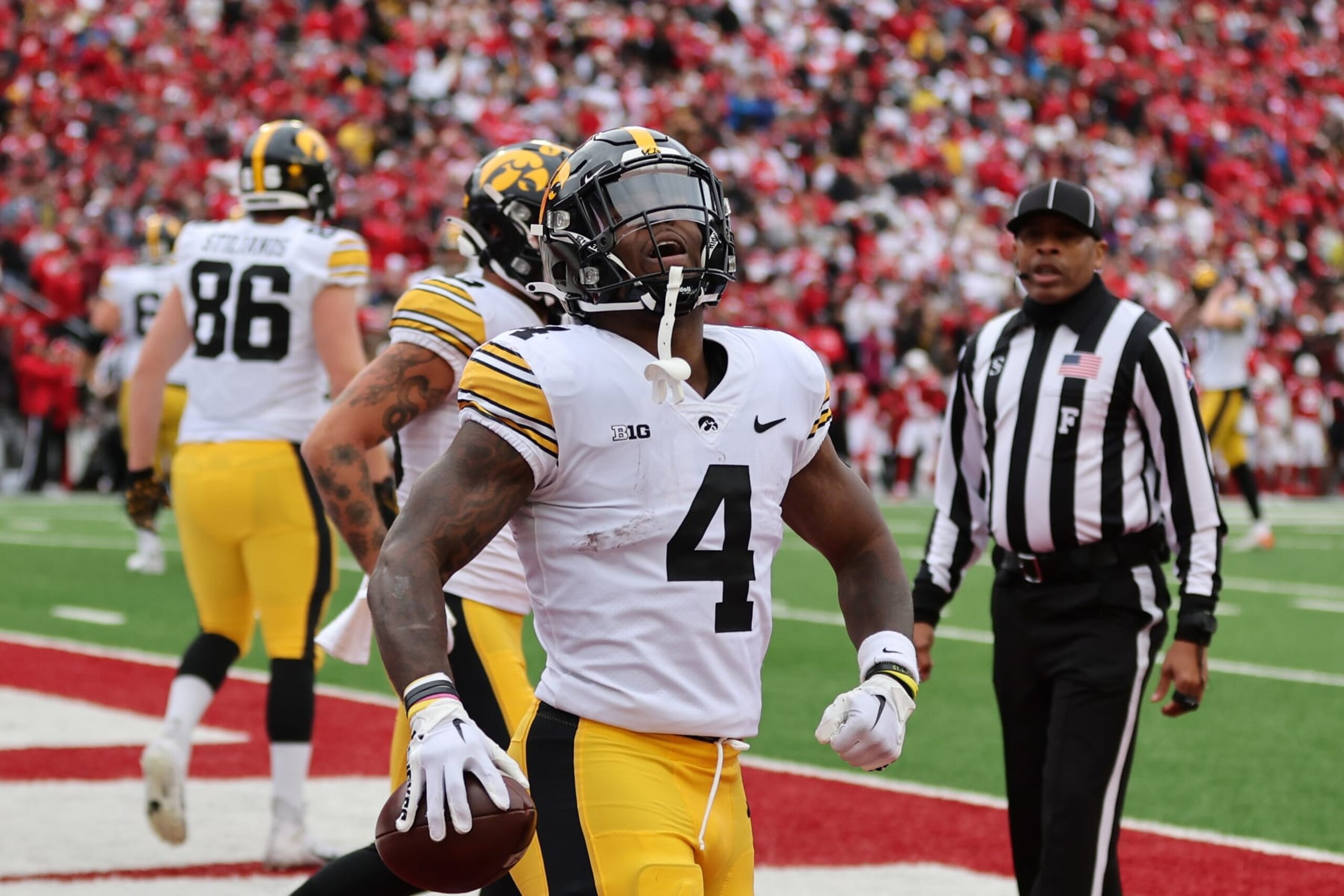 MADISON, WISCONSIN - OCTOBER 14: Leshon Williams #4 of the Iowa Hawkeyes celebrates a touchdown during the first half against the Wisconsin Badgers at Camp Randall Stadium on October 14, 2023 in Madison, Wisconsin. (Photo by Stacy Revere/Getty Images)