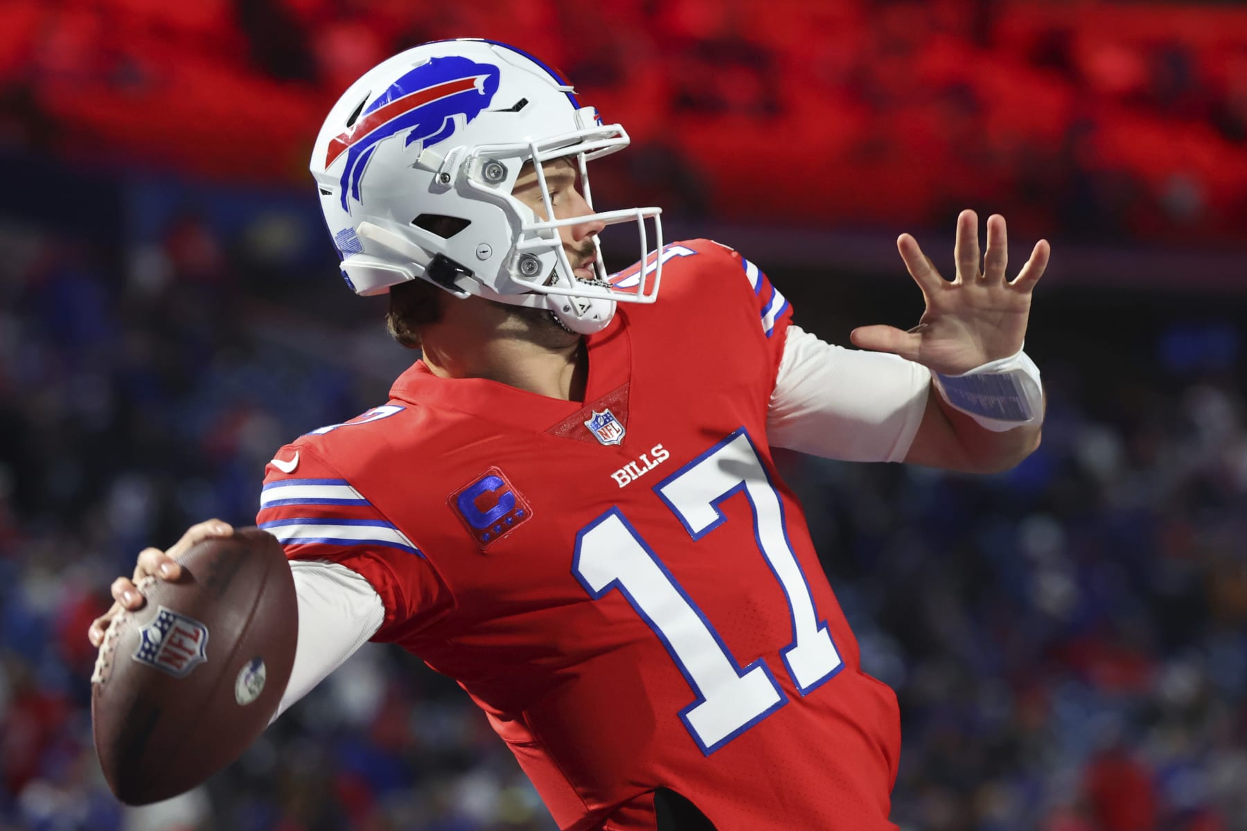 Buffalo Bills quarterback Josh Allen throws prior to an NFL football game against the New York Giants in Orchard Park, N.Y., Sunday Oct. 15, 2023. (AP Photo/ Jeffrey T. Barnes)