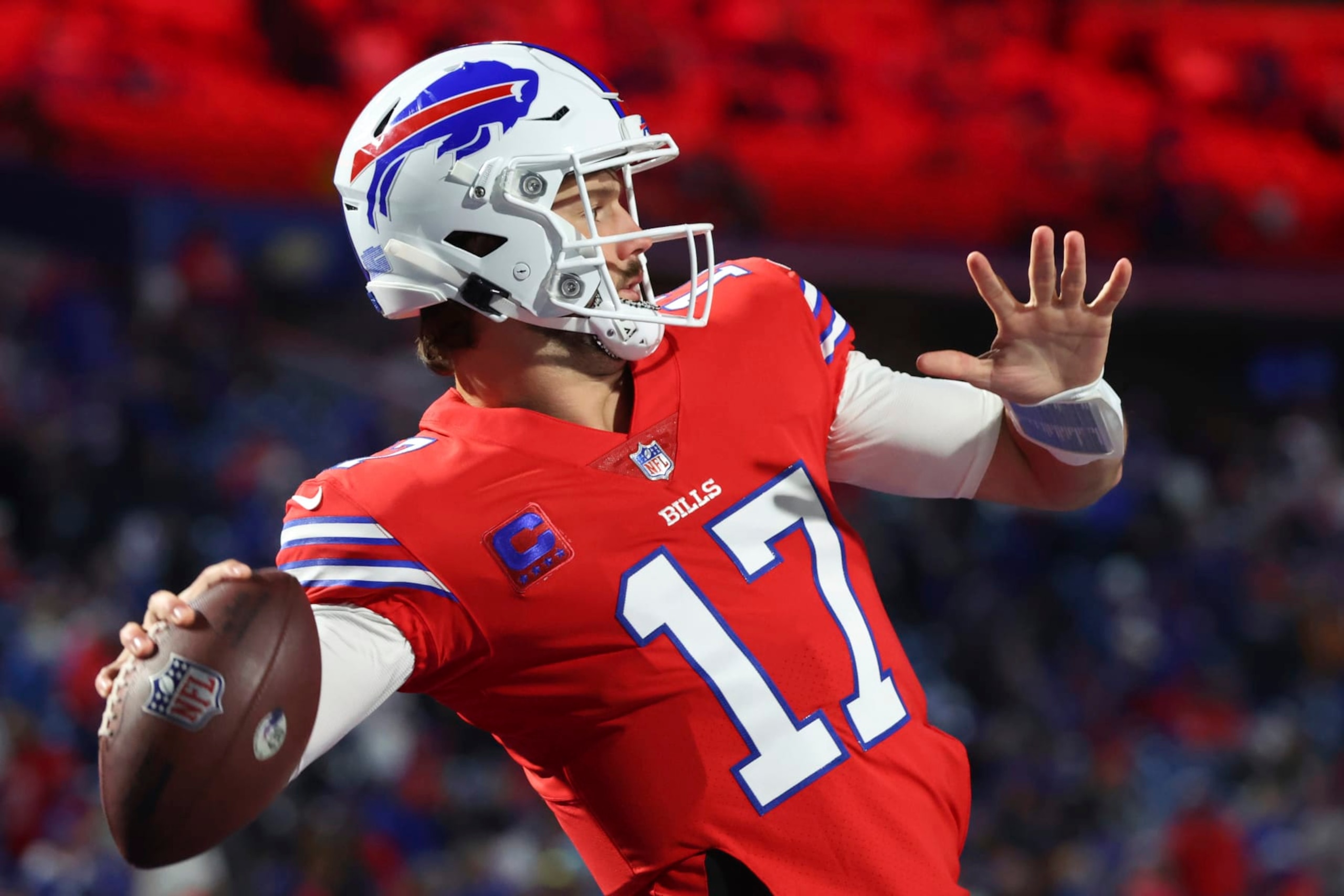 Buffalo Bills quarterback Josh Allen throws prior to an NFL football game against the New York Giants in Orchard Park, N.Y., Sunday Oct. 15, 2023. (AP Photo/ Jeffrey T. Barnes)