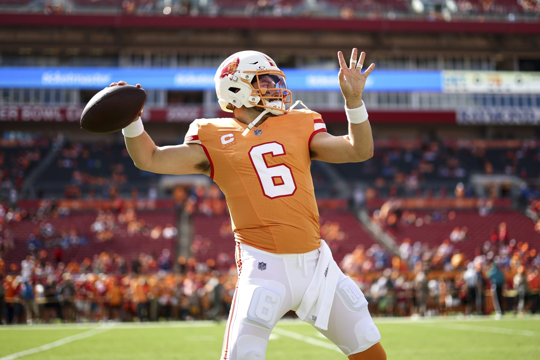 TAMPA, FL - OCTOBER 15: Baker Mayfield #6 of the Tampa Bay Buccaneers warms up prior to an NFL football game against the Detroit Lions at Raymond James Stadium on October 15, 2023 in Tampa, Florida. (Photo by Kevin Sabitus/Getty Images)