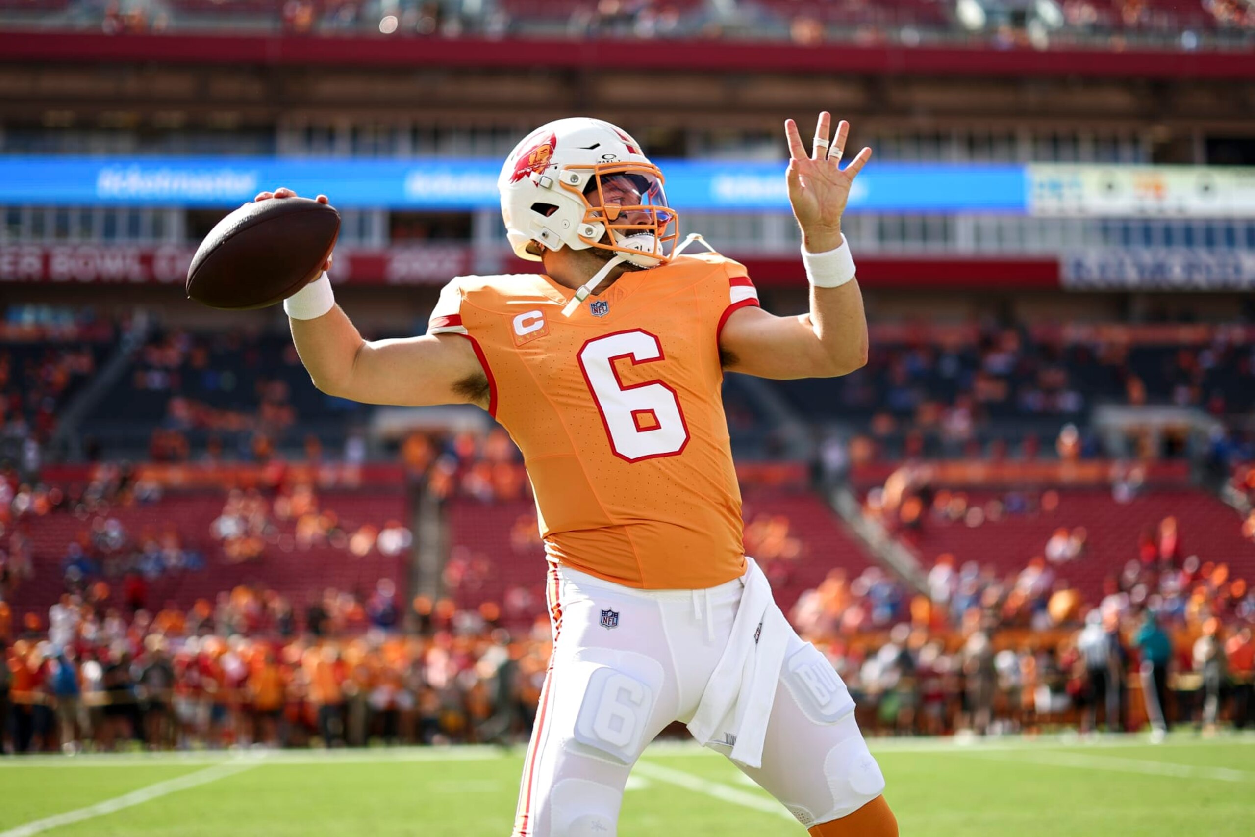 TAMPA, FL - OCTOBER 15: Baker Mayfield #6 of the Tampa Bay Buccaneers warms up prior to an NFL football game against the Detroit Lions at Raymond James Stadium on October 15, 2023 in Tampa, Florida. (Photo by Kevin Sabitus/Getty Images)