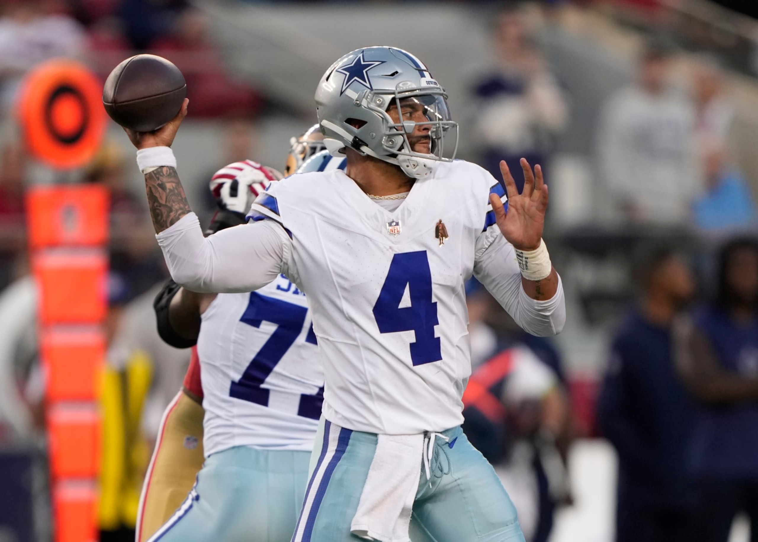 SANTA CLARA, CALIFORNIA - OCTOBER 08: Dak Prescott #4 of the Dallas Cowboys throws a pass during the first half against the San Francisco 49ers at Levi's Stadium on October 08, 2023 in Santa Clara, California. (Photo by Thearon W. Henderson/Getty Images)