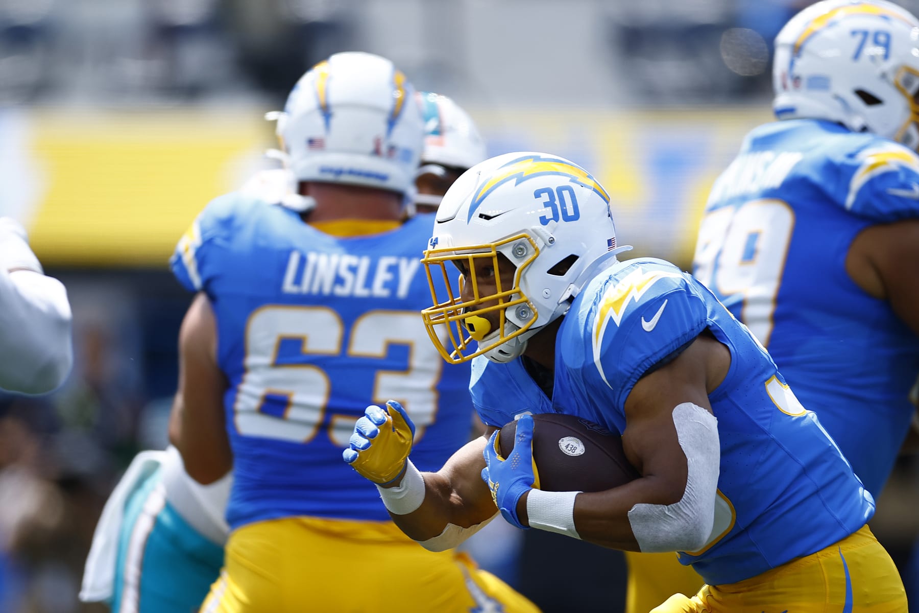 INGLEWOOD, CALIFORNIA - SEPTEMBER 10:   Austin Ekeler #30 of the Los Angeles Chargers at SoFi Stadium on September 10, 2023 in Inglewood, California. (Photo by Ronald Martinez/Getty Images)