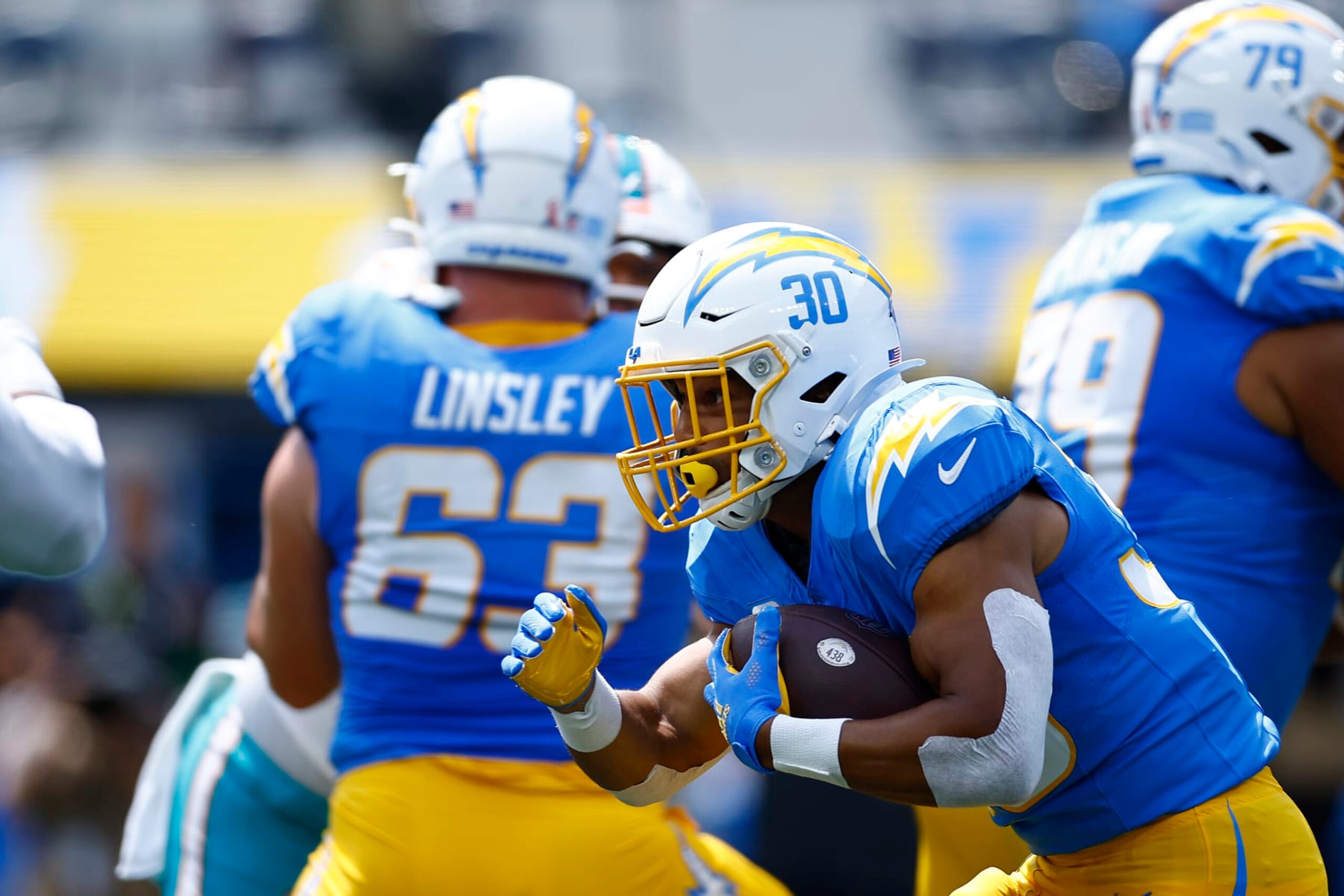 INGLEWOOD, CALIFORNIA - SEPTEMBER 10:   Austin Ekeler #30 of the Los Angeles Chargers at SoFi Stadium on September 10, 2023 in Inglewood, California. (Photo by Ronald Martinez/Getty Images)