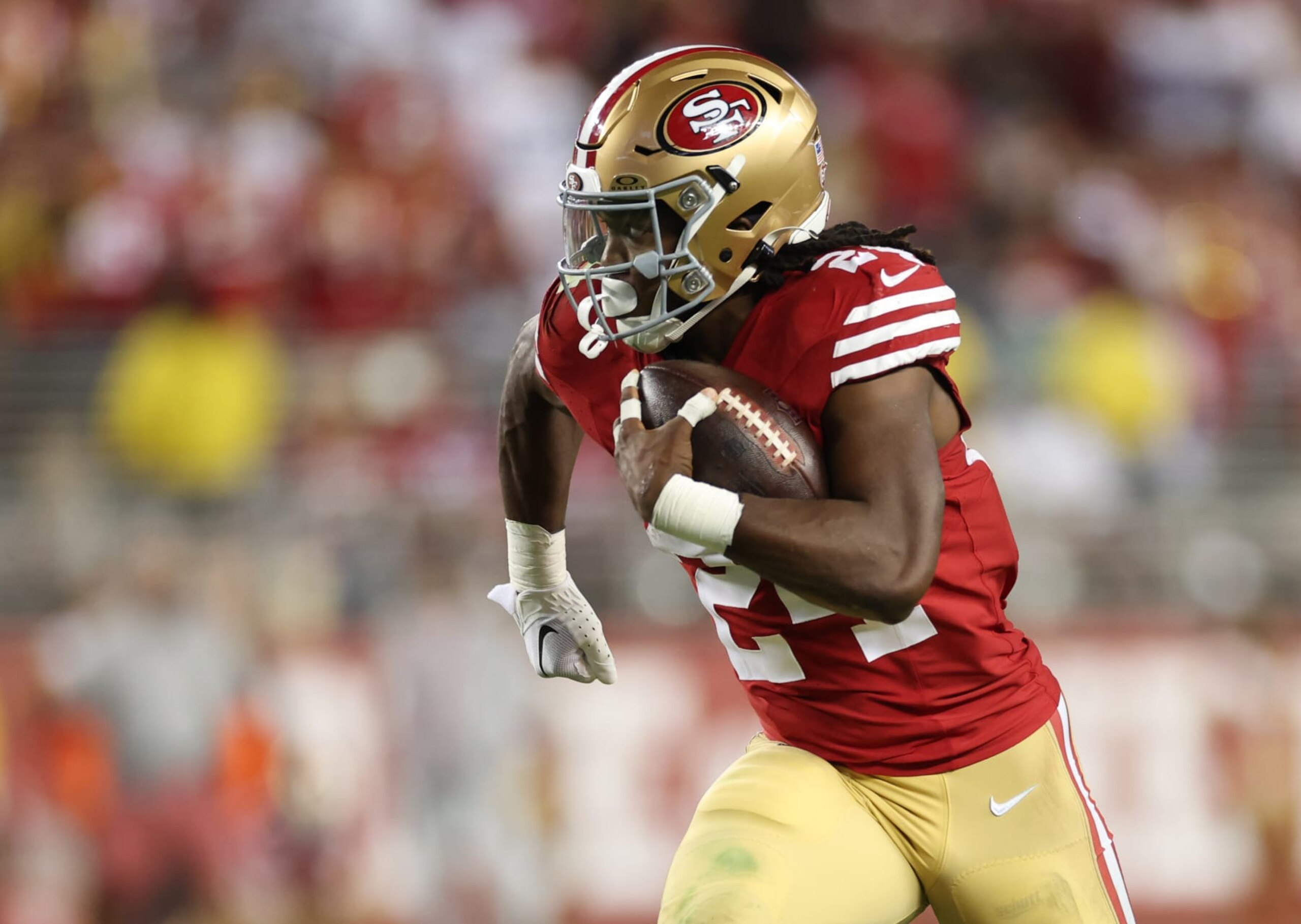SANTA CLARA, CALIFORNIA - OCTOBER 08: Jordan Mason #24 of the San Francisco 49ers runs for a touchdown during the fourth quarter against the Dallas Cowboys at Levi's Stadium on October 08, 2023 in Santa Clara, California. (Photo by Ezra Shaw/Getty Images)