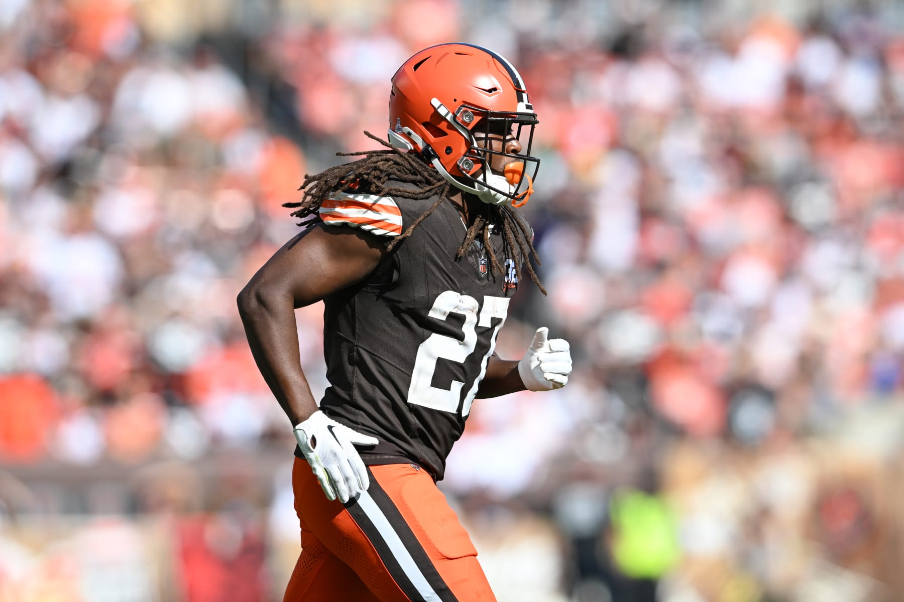 CLEVELAND, OHIO - OCTOBER 01: Kareem Hunt #27 of the Cleveland Browns looks on during the second half against the Baltimore Ravens at Cleveland Browns Stadium on October 01, 2023 in Cleveland, Ohio. (Photo by Nick Cammett/Diamond Images via Getty Images)