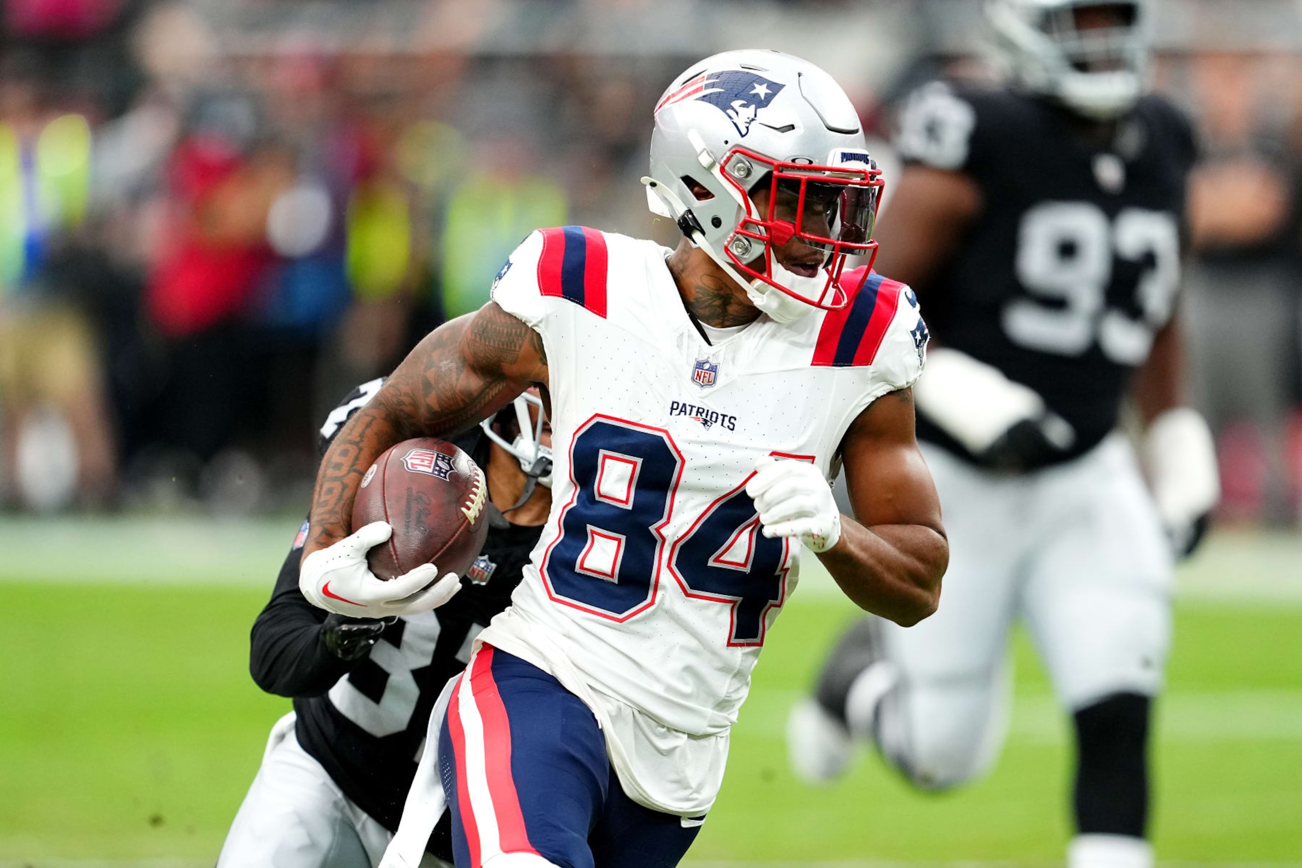 LAS VEGAS, NEVADA - OCTOBER 15: Kendrick Bourne #84 of the New England Patriots runs after a catch during the second quarter at Allegiant Stadium on October 15, 2023 in Las Vegas, Nevada. (Photo by Chris Unger/Getty Images)