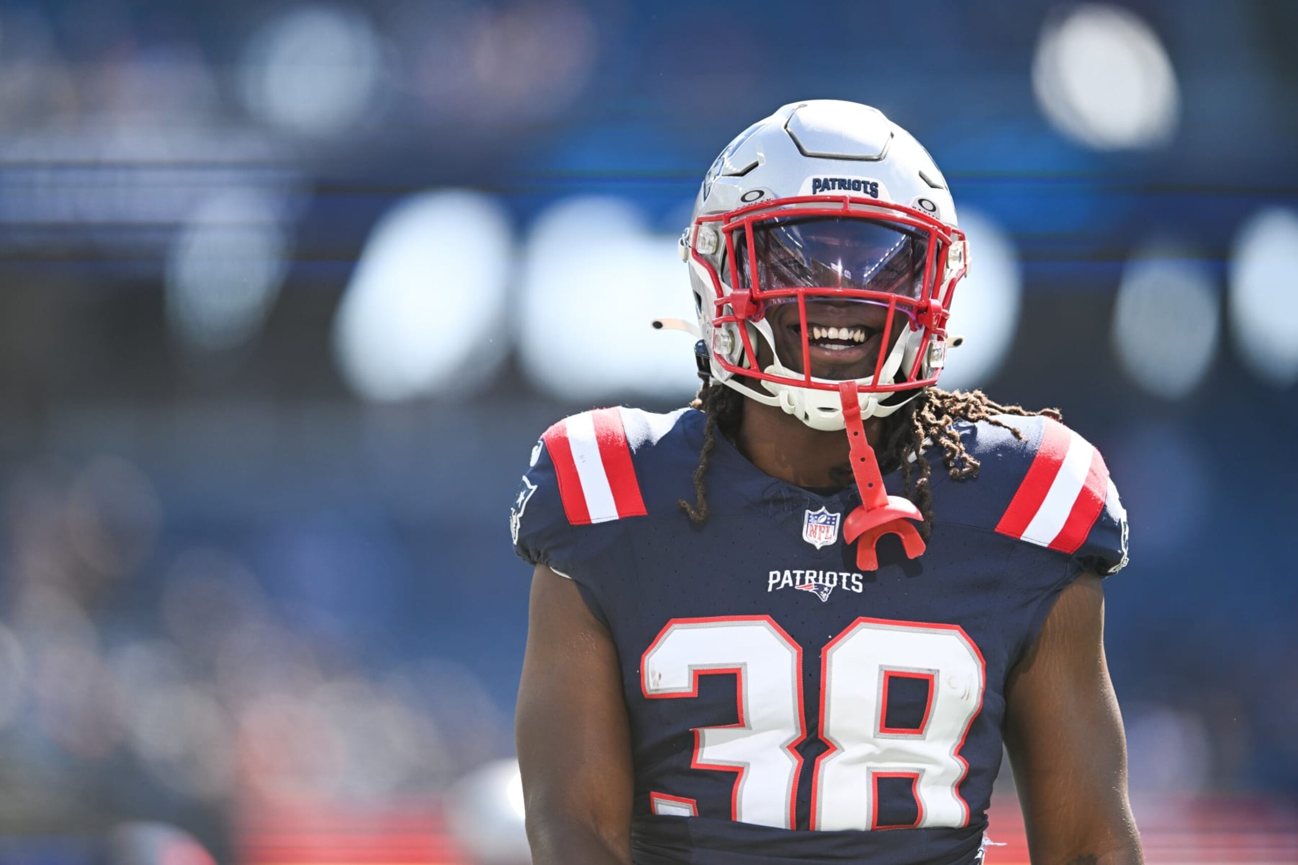 FOXBORO, MA - OCTOBER 8: Rhamondre Stevenson #38 of the New England Patriots smiles on the field prior to the start of the game against the New Orleans Saints at Gillette Stadium on October 8, 2023 in Foxboro, Massachusetts. (Photo by Kathryn Riley/Getty Images)