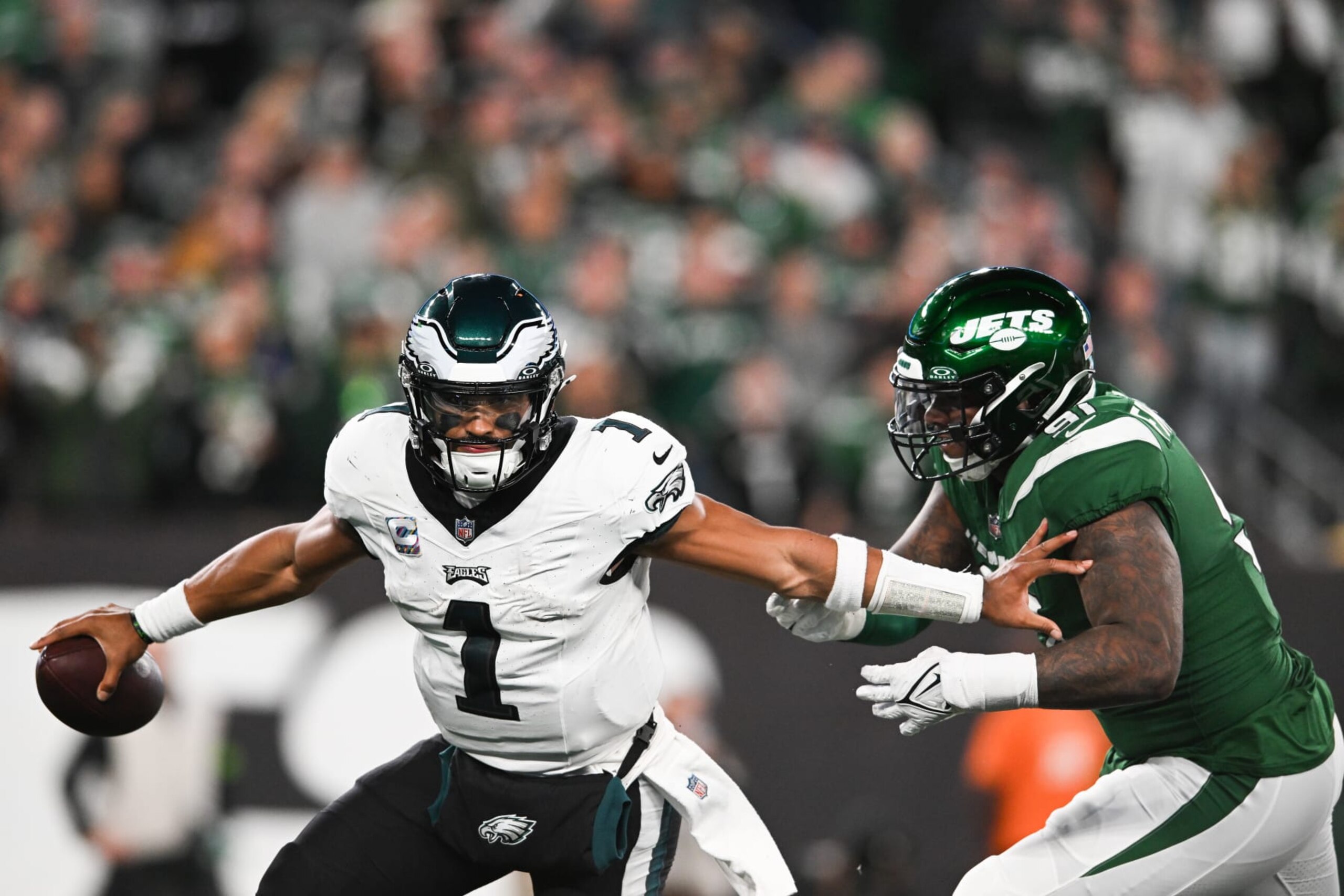 EAST RUTHERFORD, NJ - OCTOBER 15: Jalen Hurts #1 of the Philadelphia Eagles runs with the football during the second half against the New York Jets at MetLife Stadium on October 15, 2023 in East Rutherford, New Jersey. (Photo by Kathryn Riley/Getty Images) EAST RUTHERFORD, NJ - OCTOBER 15: Jalen Hurts #1 of the Philadelphia Eagles runs with the football during the second half against the New York Jets at MetLife Stadium on October 15, 2023 in East Rutherford, New Jersey. (Photo by Kathryn Riley/Getty Images)