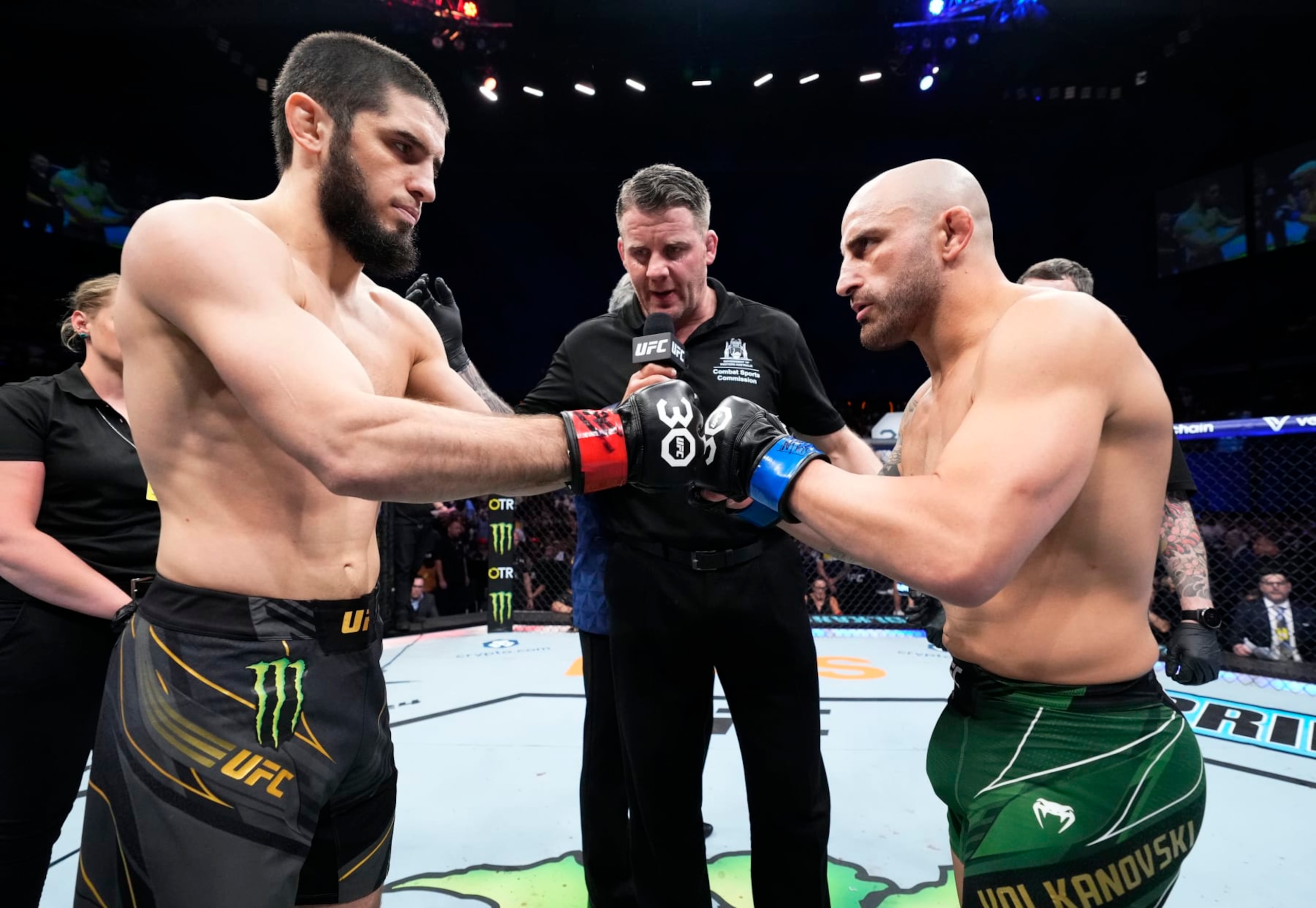 Islam Makhachev and Alexander Volkanovski ahead of their first fight.