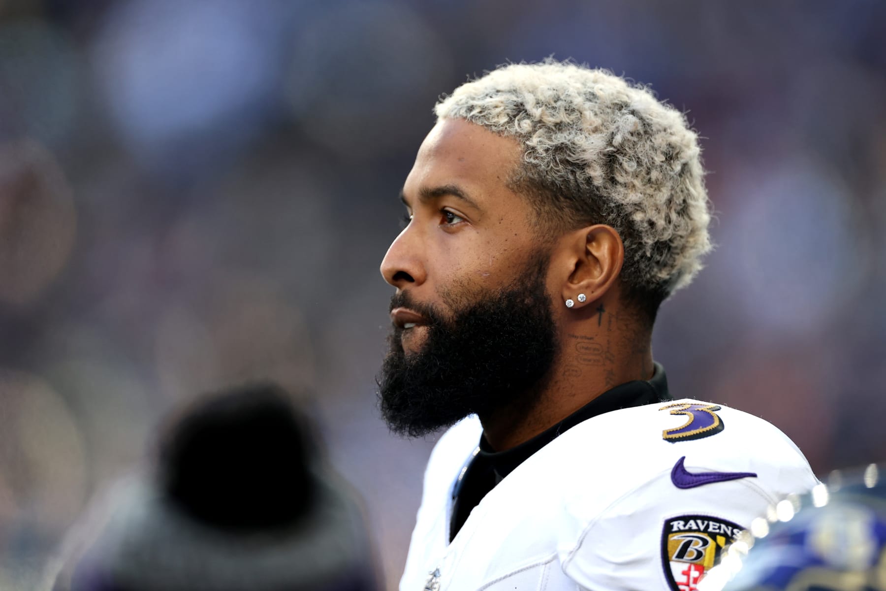 LONDON, ENGLAND - OCTOBER 15: Odell Beckham Jr. #3 of the Baltimore Ravens looks on in the first quarter during the 2023 NFL London Games match between Baltimore Ravens and Tennessee Titans at Tottenham Hotspur Stadium on October 15, 2023 in London, England. (Photo by Ryan Pierse/Getty Images)