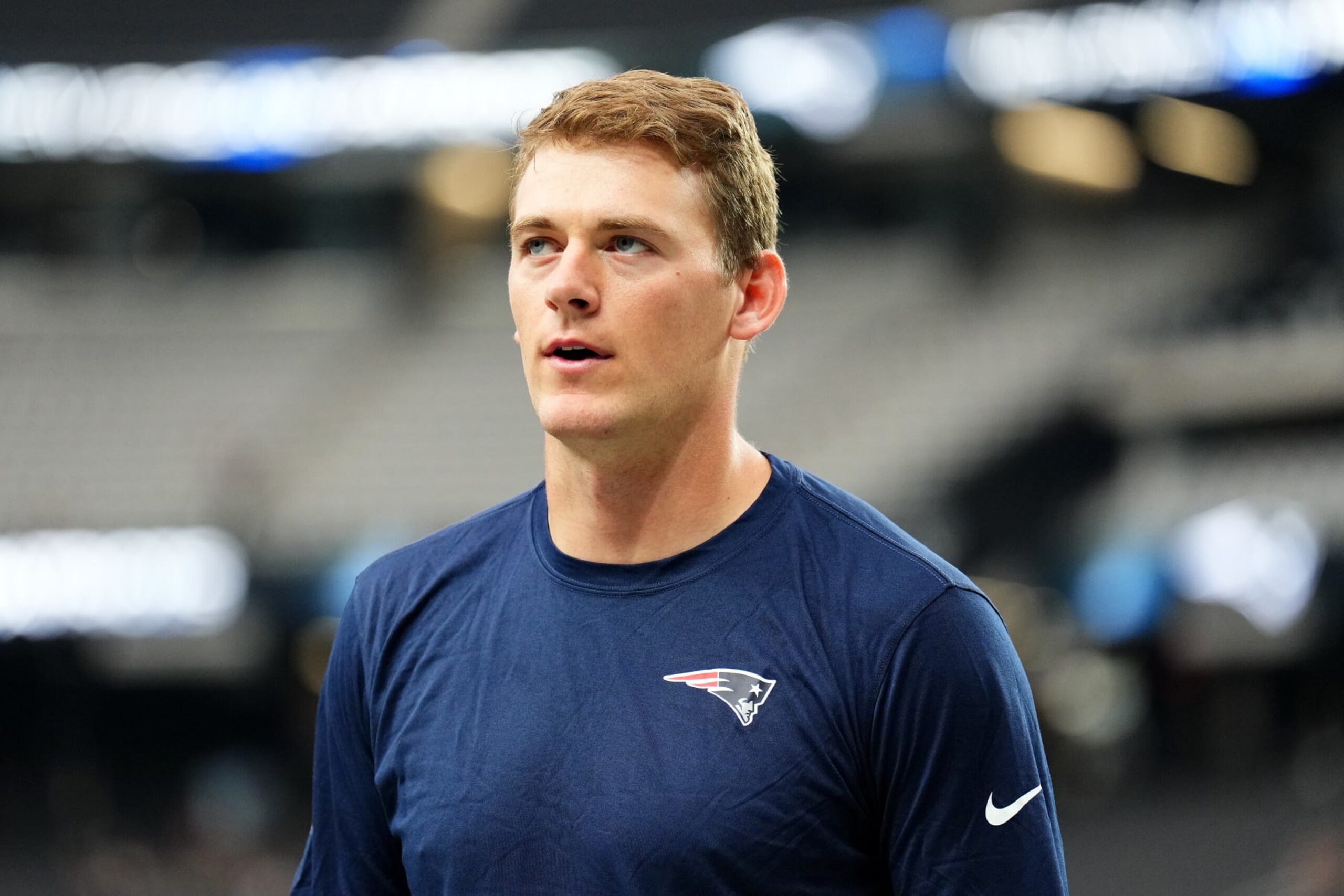 LAS VEGAS, NEVADA - OCTOBER 15: Mac Jones #10 of the New England Patriots looks on prior to a game against the Las Vegas Raiders at Allegiant Stadium on October 15, 2023 in Las Vegas, Nevada. (Photo by Chris Unger/Getty Images)