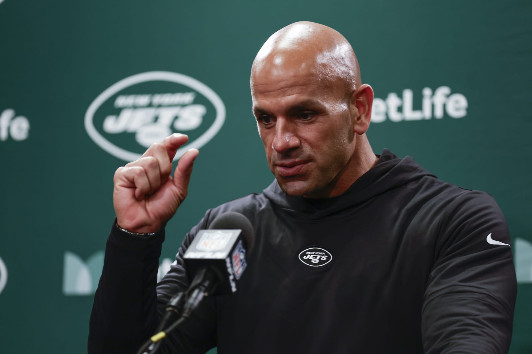 New York Jets head coach Robert Saleh talks to reporters after an NFL football game against the Philadelphia Eagles, Sunday, Oct. 15, 2023, in East Rutherford, N.J. (AP Photo/Adam Hunger)