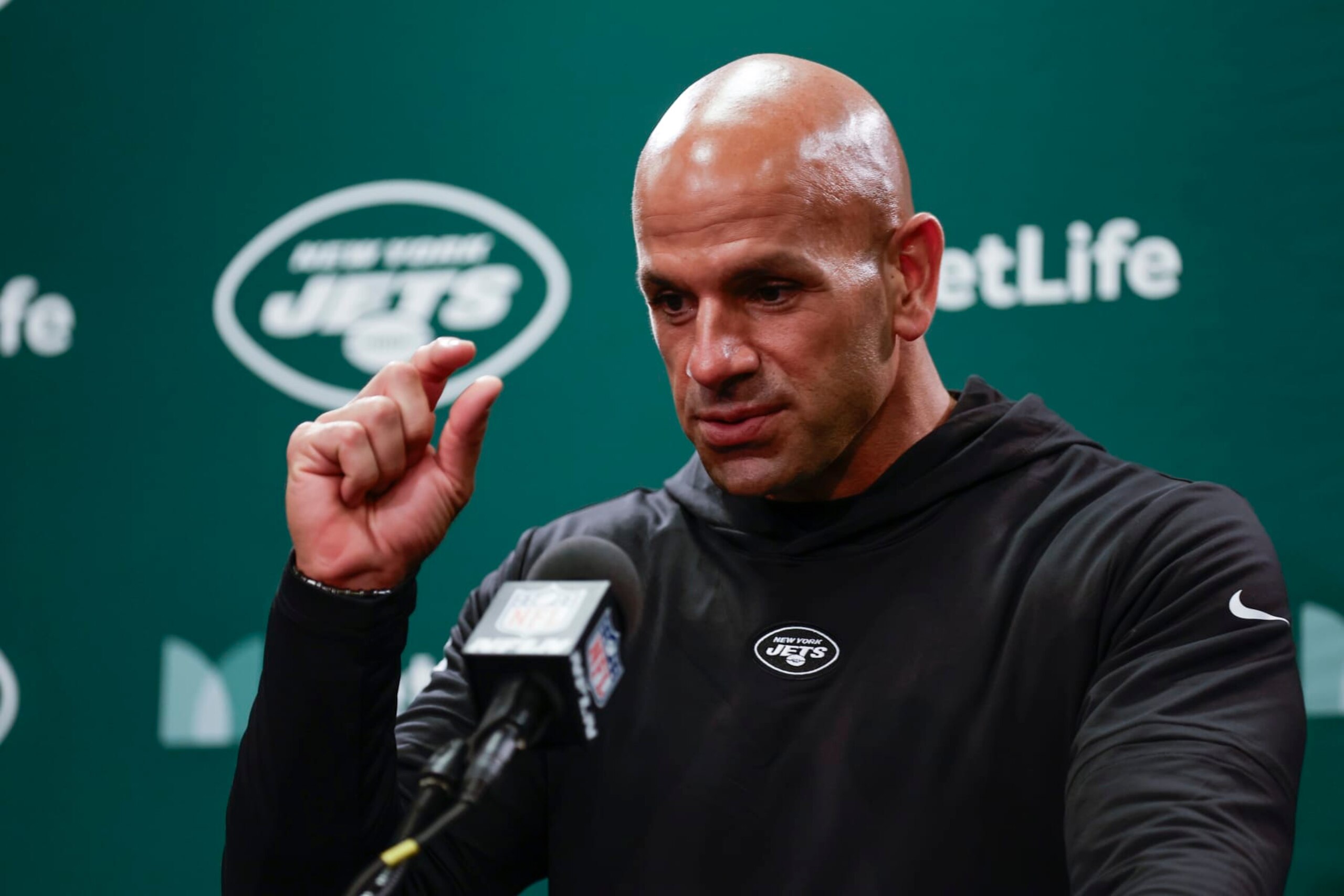 New York Jets head coach Robert Saleh talks to reporters after an NFL football game against the Philadelphia Eagles, Sunday, Oct. 15, 2023, in East Rutherford, N.J. (AP Photo/Adam Hunger)