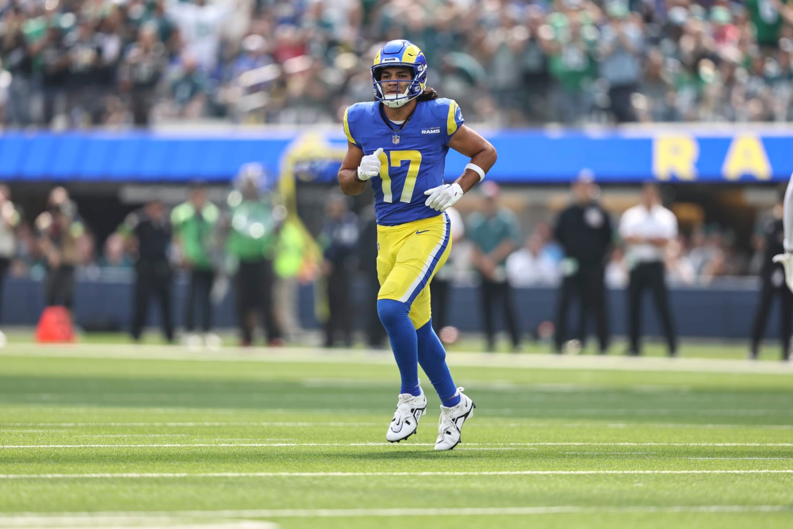 INGLEWOOD, CALIFORNIA - OCTOBER 08: Puka Nacua #17 of the Los Angeles Rams runs during an NFL football game between the Los Angeles Rams and the Philadelphia Eagles at SoFi Stadium on October 08, 2023 in Inglewood, California. (Photo by Michael Owens/Getty Images) INGLEWOOD, CALIFORNIA - OCTOBER 08: Puka Nacua #17 of the Los Angeles Rams runs during an NFL football game between the Los Angeles Rams and the Philadelphia Eagles at SoFi Stadium on October 08, 2023 in Inglewood, California. (Photo by Michael Owens/Getty Images)