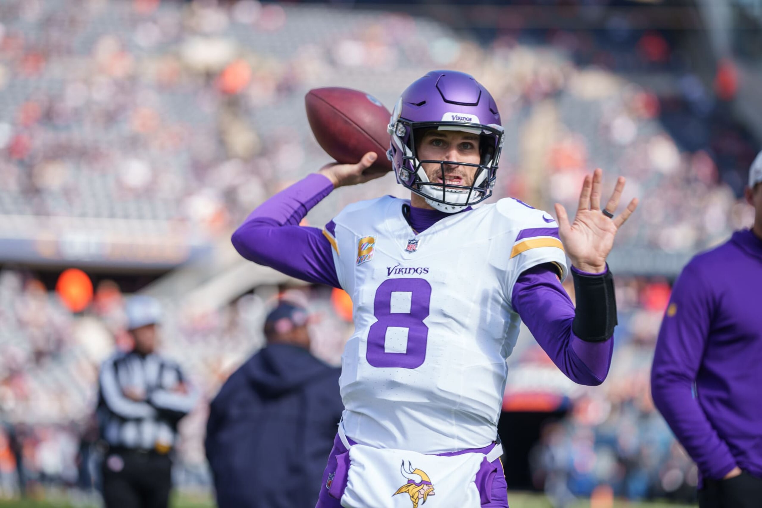 CHICAGO, IL - OCTOBER 15: quarterback Kirk Cousins #8 of the Minnesota Vikings warms up prior to an NFL football game against the Chicago Bears at Soldier Field on October 15, 2023 in Chicago, Illinois. (Photo by Todd Rosenberg/Getty Images) CHICAGO, IL - OCTOBER 15: quarterback Kirk Cousins #8 of the Minnesota Vikings warms up prior to an NFL football game against the Chicago Bears at Soldier Field on October 15, 2023 in Chicago, Illinois. (Photo by Todd Rosenberg/Getty Images)