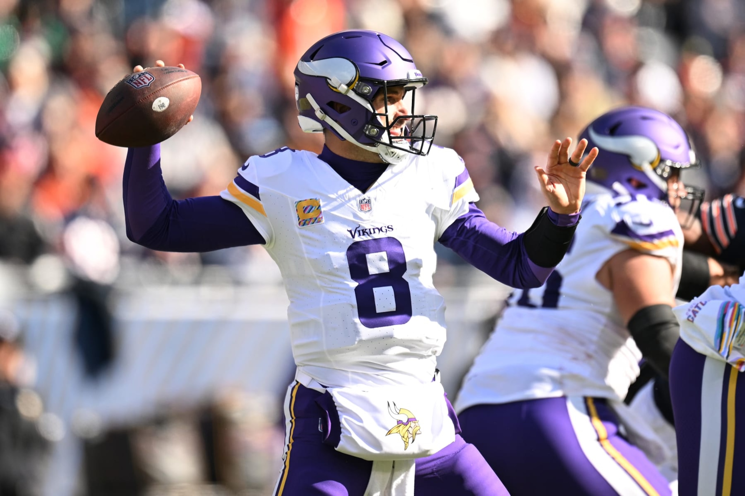 CHICAGO, ILLINOIS - OCTOBER 15: Kirk Cousins #8 of the Minnesota Vikings passes the ball during the fourth quarter in the game against the Chicago Bears at Soldier Field on October 15, 2023 in Chicago, Illinois. (Photo by Quinn Harris/Getty Images) CHICAGO, ILLINOIS - OCTOBER 15: Kirk Cousins #8 of the Minnesota Vikings passes the ball during the fourth quarter in the game against the Chicago Bears at Soldier Field on October 15, 2023 in Chicago, Illinois. (Photo by Quinn Harris/Getty Images)