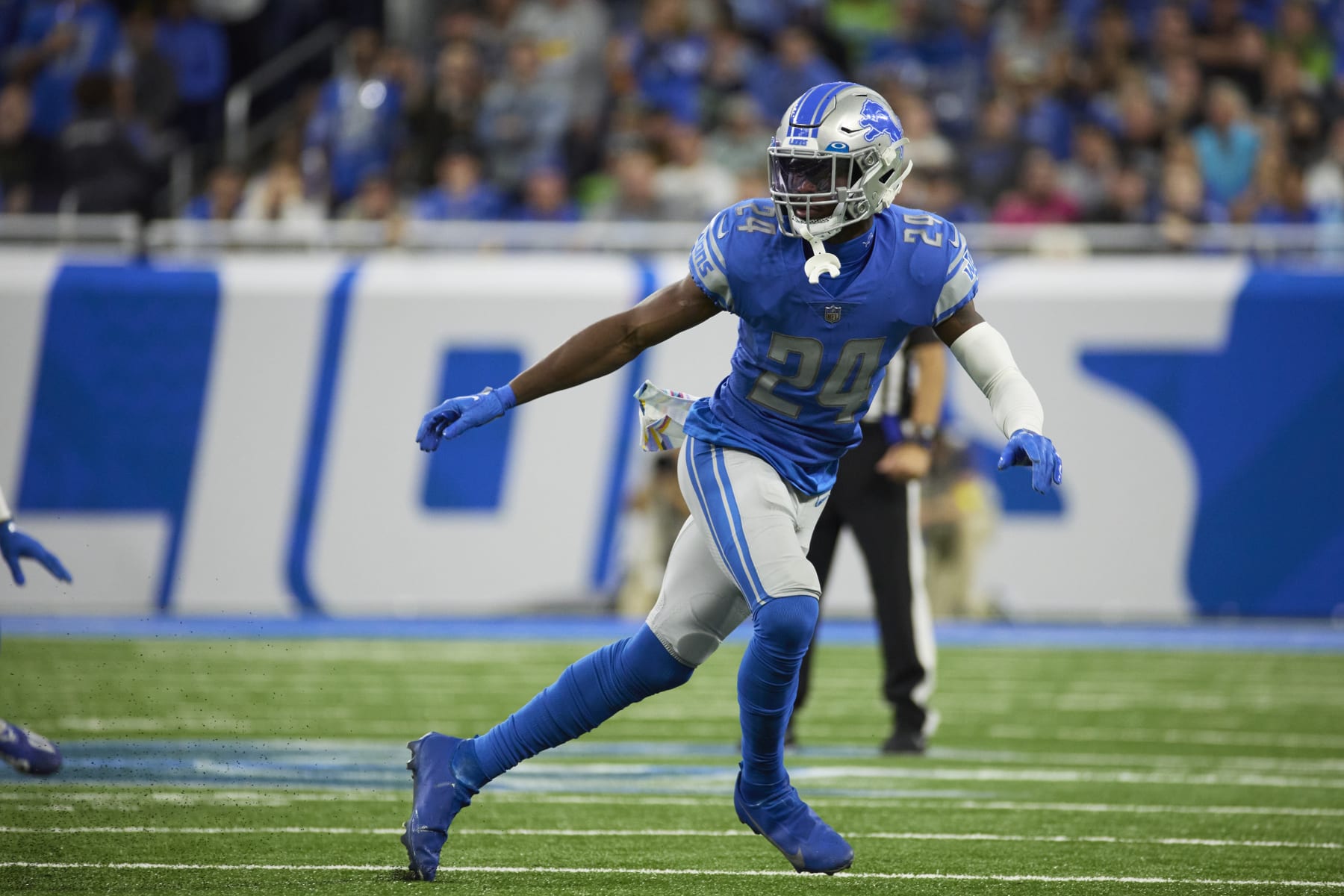 Detroit Lions cornerback Amani Oruwariye (24) pursues a play on defense against the Seattle Seahawks during an NFL football game, Sunday, Oct. 2, 2022, in Detroit. (AP Photo/Rick Osentoski)