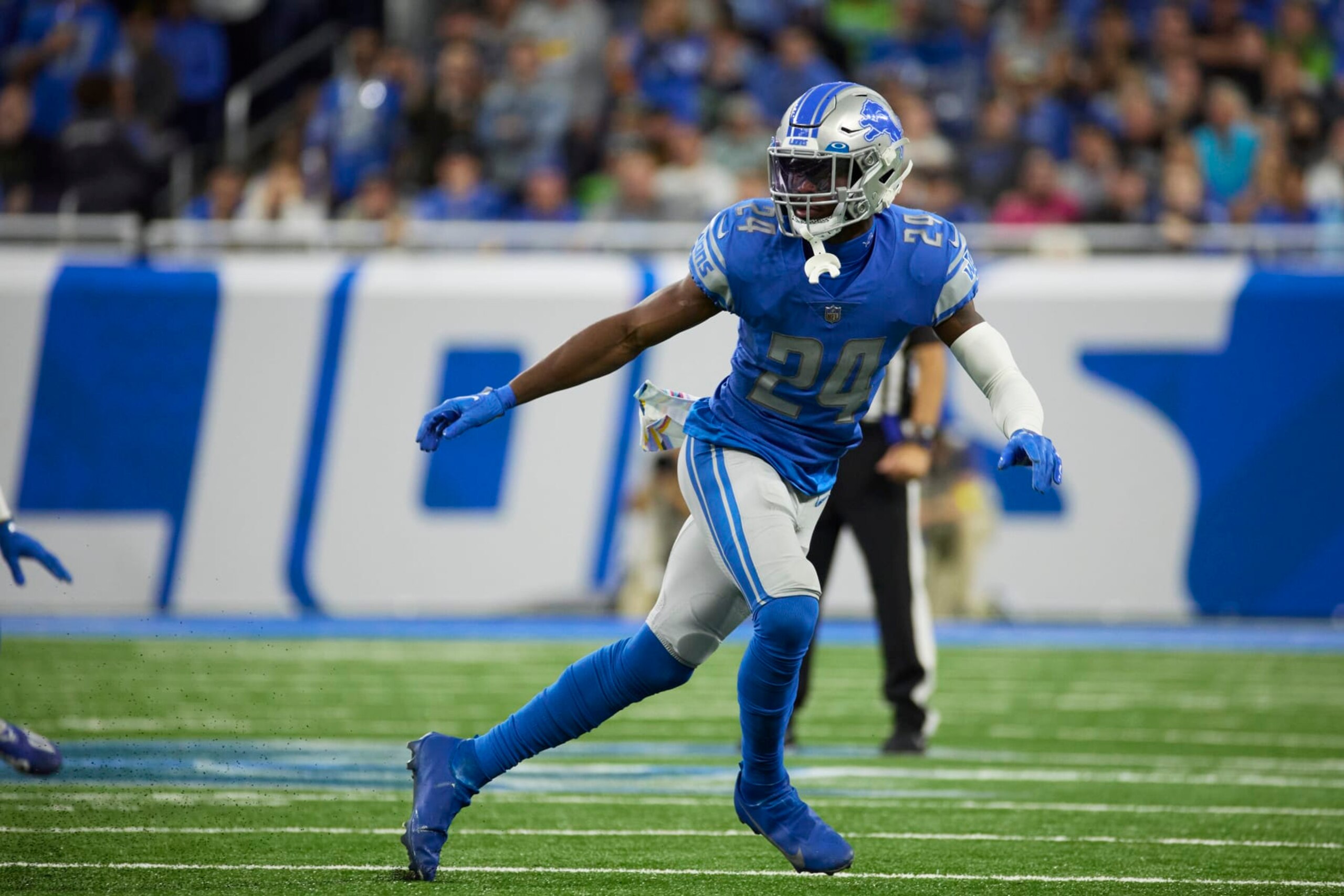 Detroit Lions cornerback Amani Oruwariye (24) pursues a play on defense against the Seattle Seahawks during an NFL football game, Sunday, Oct. 2, 2022, in Detroit. (AP Photo/Rick Osentoski)