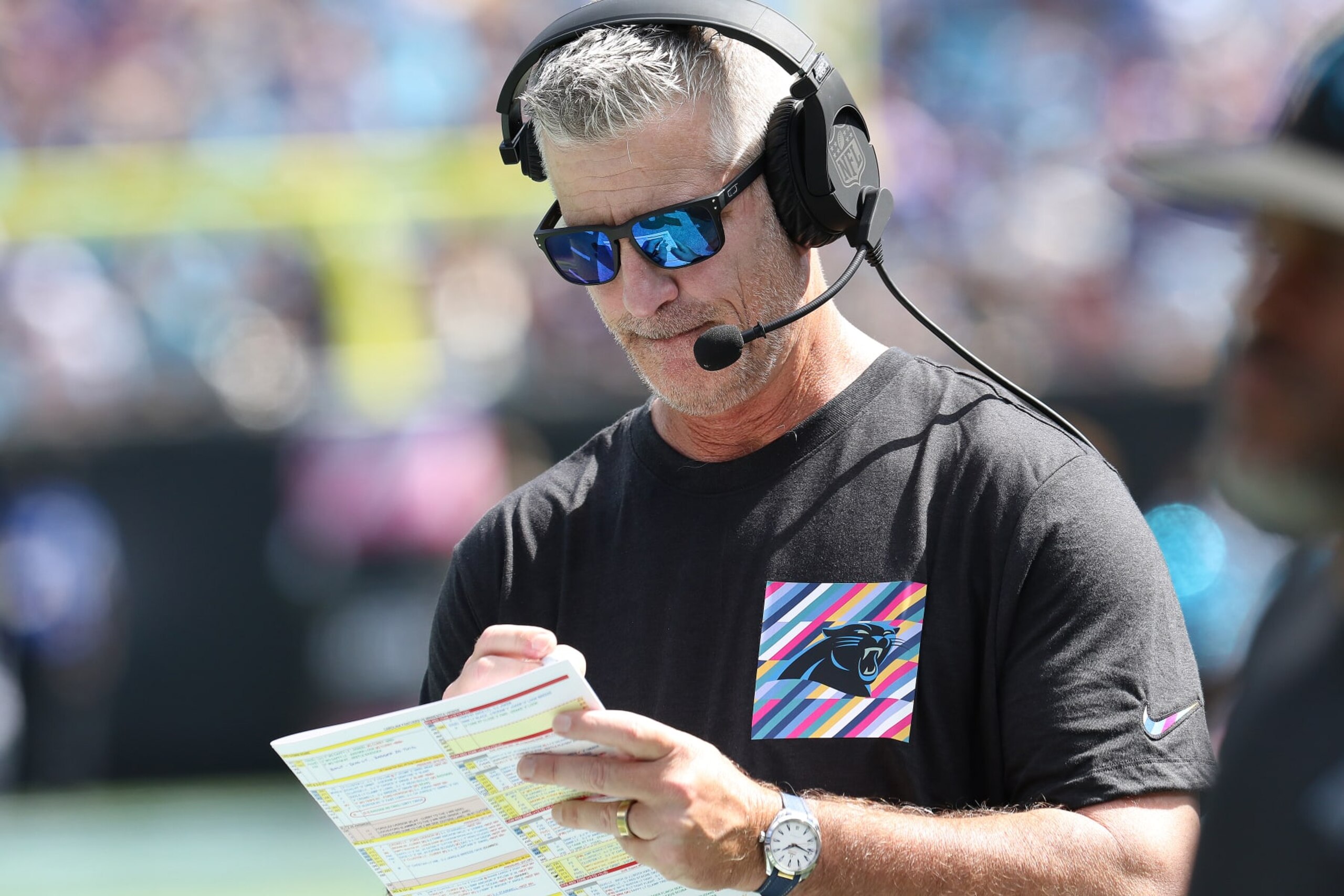 CHARLOTTE, NC - OCTOBER 01: Carolina Panthers head coach Frank Reich during an NFL football game between the Minnesota Vikings and the Carolina Panthers on October 1, 2023 at Bank of America Stadium in Charlotte, N.C. (Photo by John Byrum/Icon Sportswire via Getty Images)