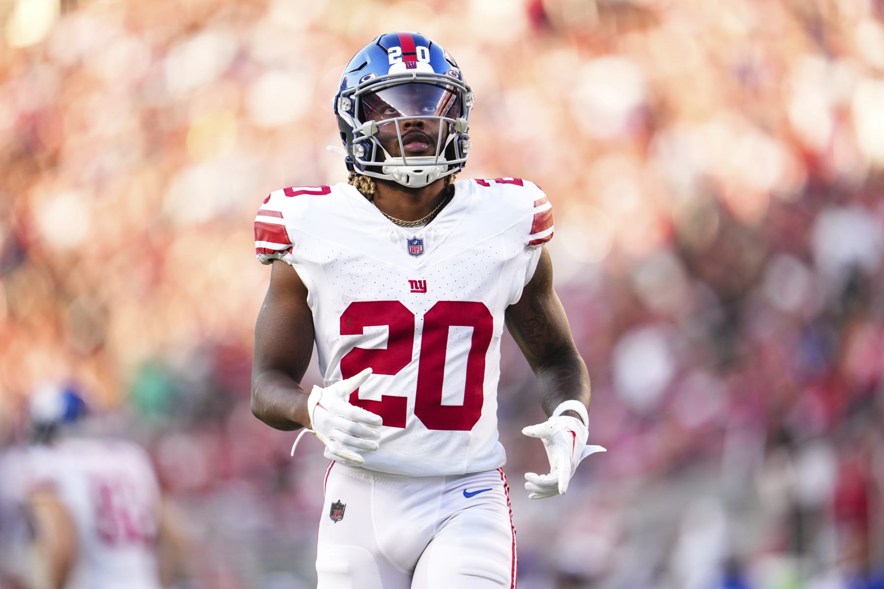 SANTA CLARA, CA - SEPTEMBER 21: Eric Gray #20 of the New York Giants***Amani Oruwariye #20 of the New York Giants looks on from the field at Levi's Stadium on September 21, 2023 in Santa Clara, California. (Photo by Cooper Neill/Getty Images)
