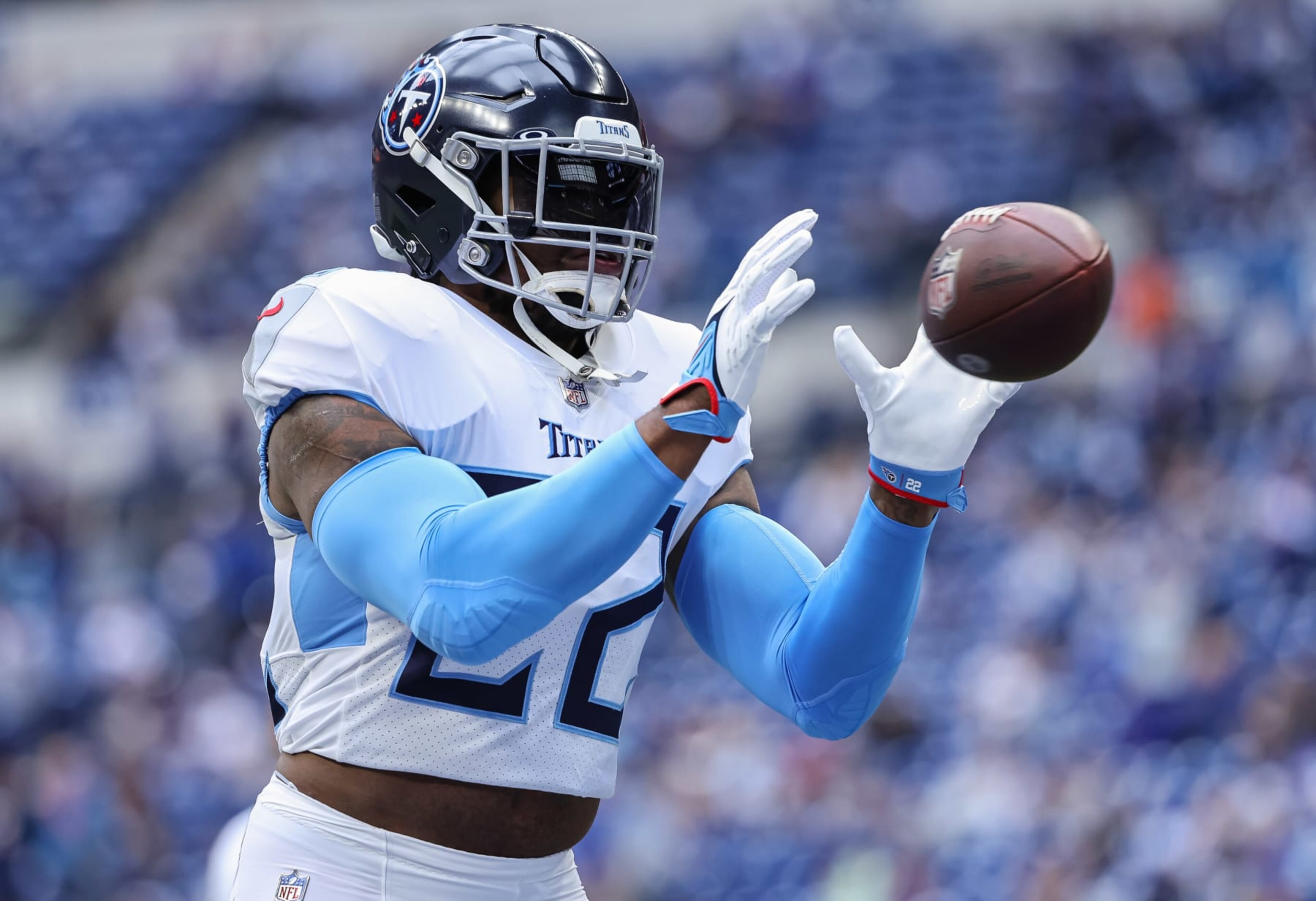 INDIANAPOLIS, INDIANA - OCTOBER 8: Derrick Henry #22 of the Tennessee Titans is seen before the game against the Indianapolis Colts at Lucas Oil Stadium on October 8, 2023 in Indianapolis, Indiana. (Photo by Michael Hickey/Getty Images) INDIANAPOLIS, INDIANA - OCTOBER 8: Derrick Henry #22 of the Tennessee Titans is seen before the game against the Indianapolis Colts at Lucas Oil Stadium on October 8, 2023 in Indianapolis, Indiana. (Photo by Michael Hickey/Getty Images)