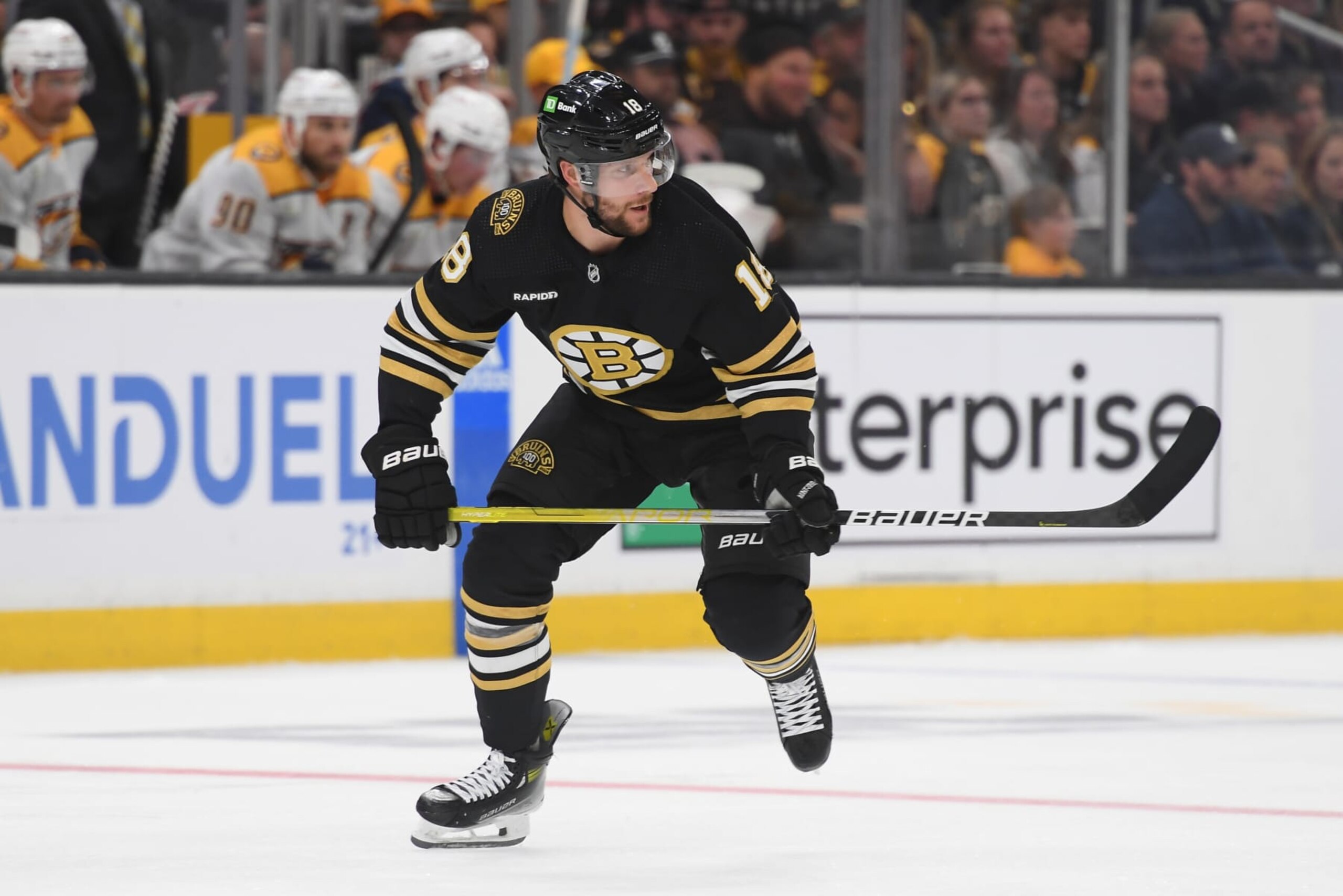 BOSTON, MASSACHUSETTS - OCTOBER 14: Pavel Zacha #18 of the Boston Bruins skates against the Nashville Predators on October 14, 2023 at the TD Garden in Boston, Massachusetts. (Photo by Steve Babineau/NHLI via Getty Images)