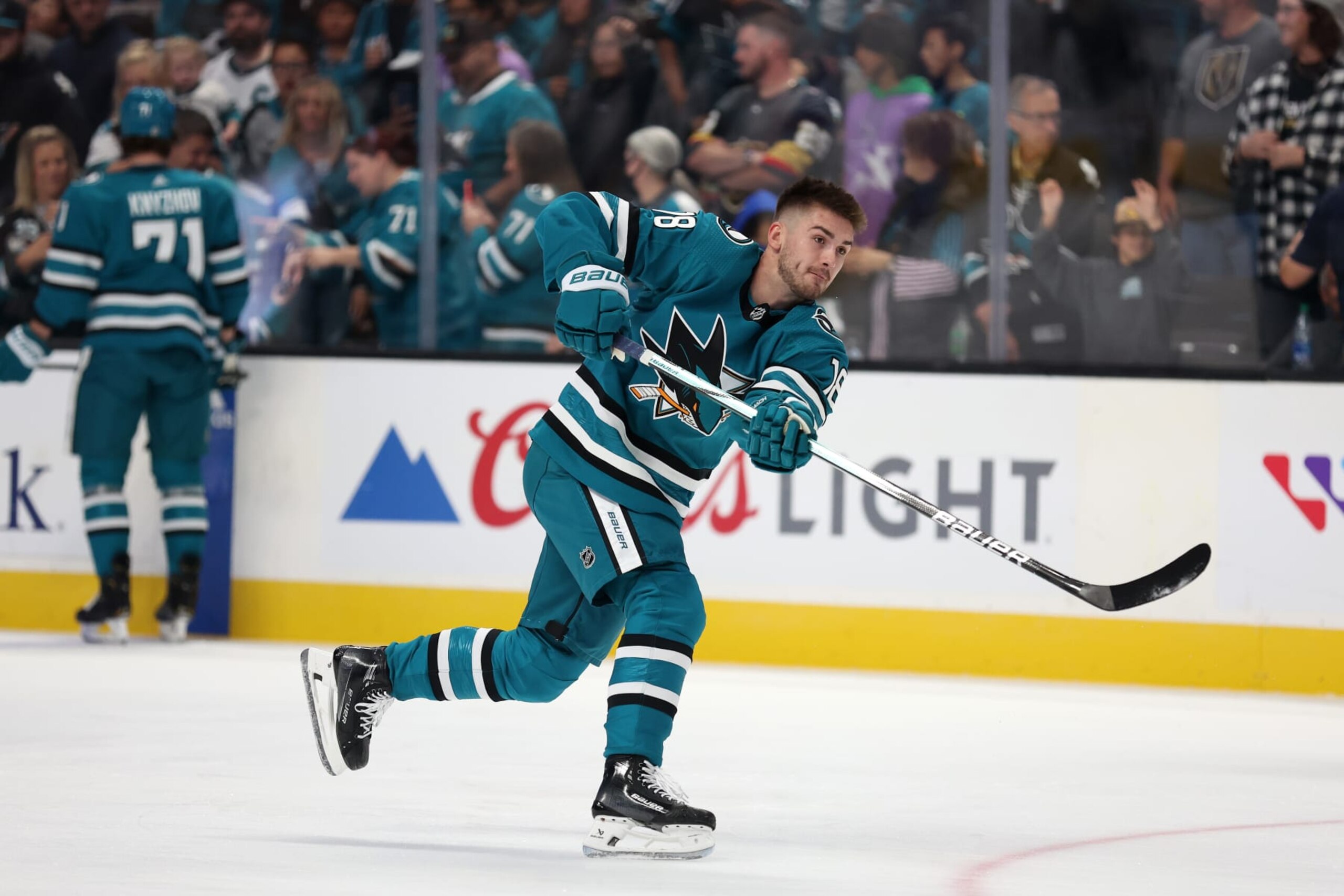 SAN JOSE, CALIFORNIA - OCTOBER 12: Filip Zadina #18 of the San Jose Sharks warms up before their game against the Vegas Golden Knights at SAP Center on October 12, 2023 in San Jose, California. (Photo by Ezra Shaw/Getty Images)