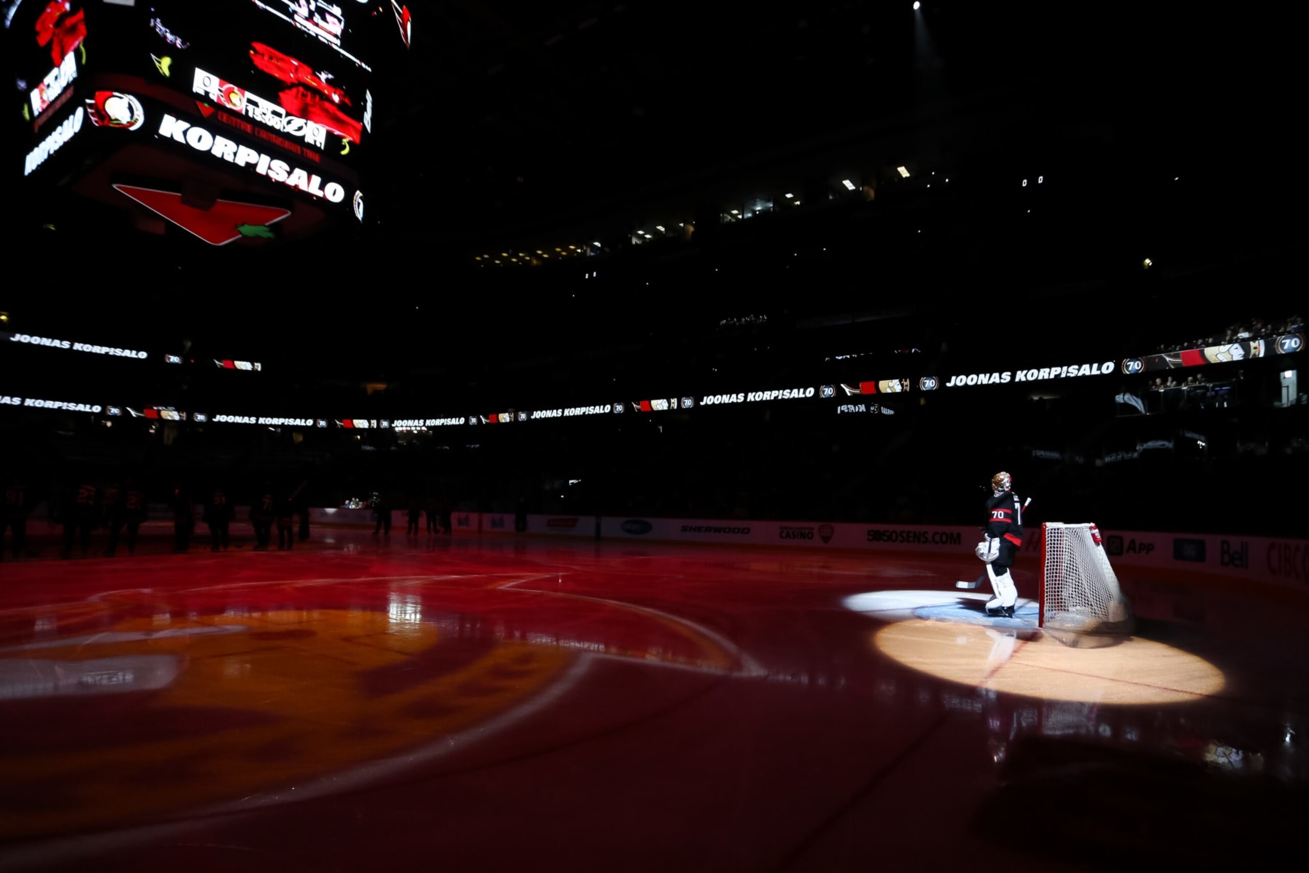 OTTAWA, CANADA - OCTOBER 15: Joonas Korpisalo #70 of the Ottawa Senators looks on as he is introduced prior to the game against the Tampa Bay Lightning at Canadian Tire Centre on October 15, 2023 in Ottawa, Ontario, Canada. (Photo by Chris Tanouye/Freestyle Photography/Getty Images)