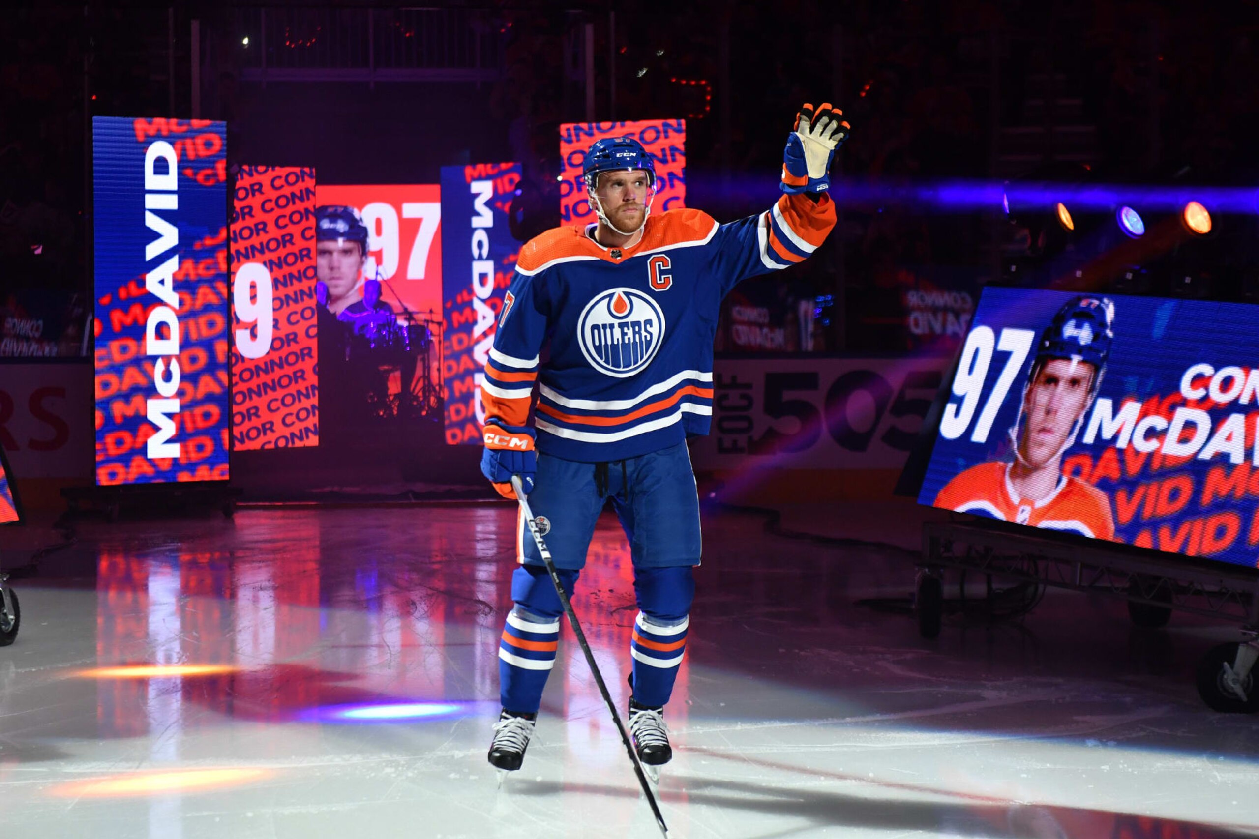 EDMONTON, CANADA - OCTOBER 14: Connor McDavid #97 of the Edmonton Oilers is introduced before the game against the Vancouver Canucks at Rogers Place on October 14, 2023, in Edmonton, Alberta, Canada. (Photo by Andy Devlin/NHLI via Getty Images)