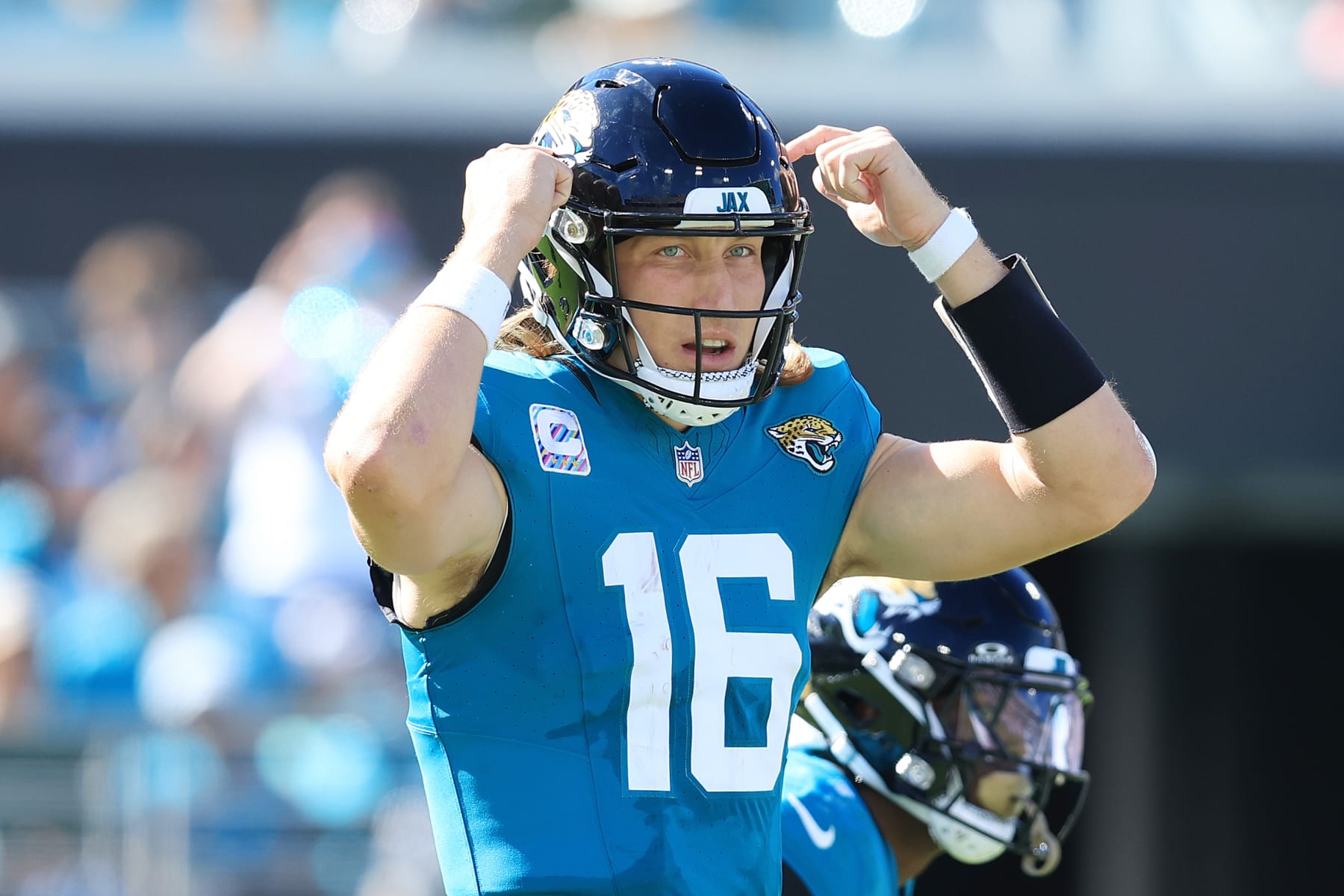 JACKSONVILLE, FLORIDA - OCTOBER 15: Trevor Lawrence #16 of the Jacksonville Jaguars calls a play during the game against the Indianapolis Colts at EverBank Stadium on October 15, 2023 in Jacksonville, Florida. (Photo by Sam Greenwood/Getty Images)