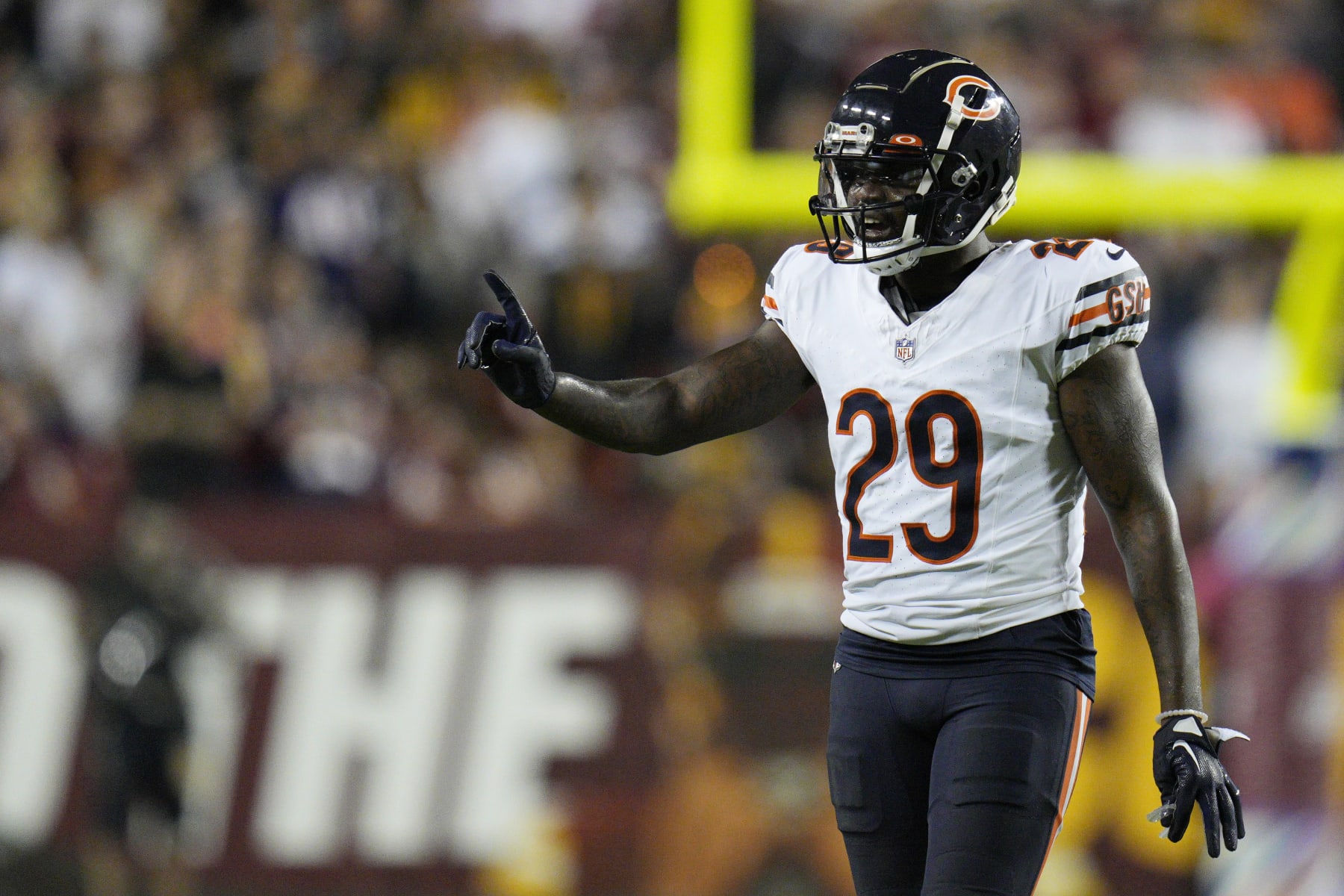 LANDOVER, MARYLAND - OCTOBER 05: Tyrique Stevenson #29 of the Chicago Bears gestures during the fourth quarter against the Washington Commanders at FedExField on October 05, 2023 in Landover, Maryland. (Photo by Jess Rapfogel/Getty Images)