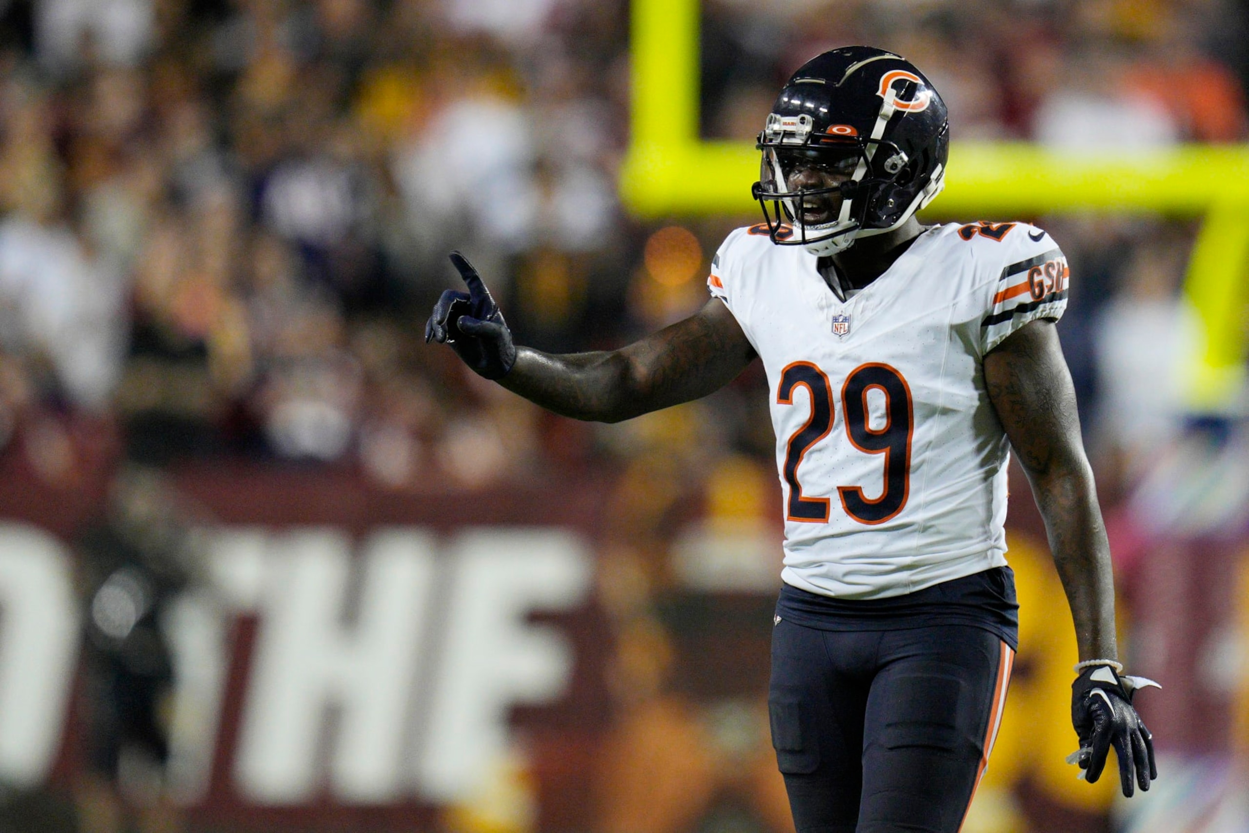 LANDOVER, MARYLAND - OCTOBER 05: Tyrique Stevenson #29 of the Chicago Bears gestures during the fourth quarter against the Washington Commanders at FedExField on October 05, 2023 in Landover, Maryland. (Photo by Jess Rapfogel/Getty Images) LANDOVER, MARYLAND - OCTOBER 05: Tyrique Stevenson #29 of the Chicago Bears gestures during the fourth quarter against the Washington Commanders at FedExField on October 05, 2023 in Landover, Maryland. (Photo by Jess Rapfogel/Getty Images)