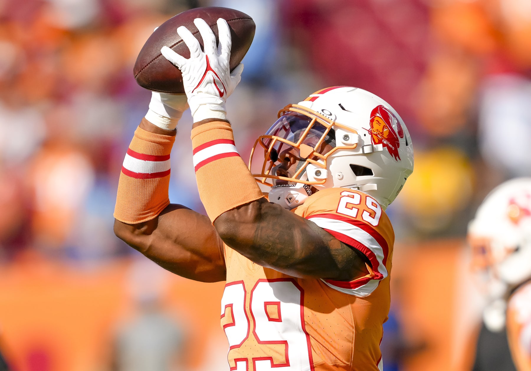 TAMPA, FL - OCTOBER 15: Tampa Bay Buccaneers safety Christian Izien (29) during warmups of  the NFL Football match between the Tampa Bay Bucs and Detroit Lions on October 15th 2023 at Raymond James Stadium, Tampa FL. (Photo by Andrew Bershaw/Icon Sportswire via Getty Images)
