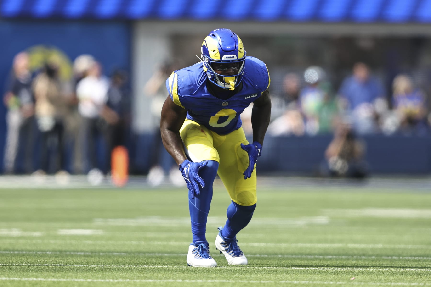 INGLEWOOD, CALIFORNIA - OCTOBER 08: Byron Young #0 of the Los Angeles Rams liens up during an NFL football game between the Los Angeles Rams and the Philadelphia Eagles at SoFi Stadium on October 08, 2023 in Inglewood, California. (Photo by Michael Owens/Getty Images)