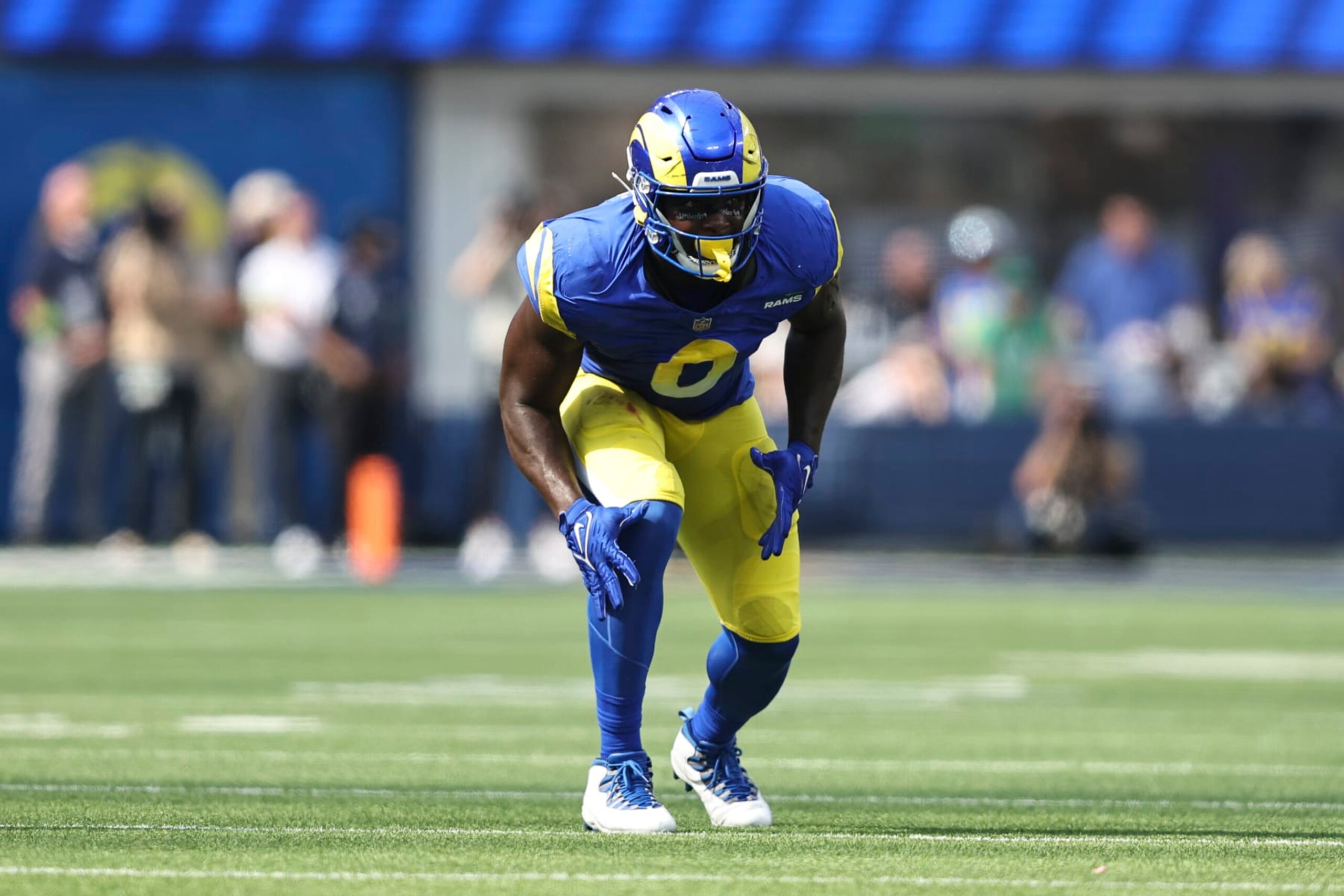 INGLEWOOD, CALIFORNIA - OCTOBER 08: Byron Young #0 of the Los Angeles Rams liens up during an NFL football game between the Los Angeles Rams and the Philadelphia Eagles at SoFi Stadium on October 08, 2023 in Inglewood, California. (Photo by Michael Owens/Getty Images) INGLEWOOD, CALIFORNIA - OCTOBER 08: Byron Young #0 of the Los Angeles Rams liens up during an NFL football game between the Los Angeles Rams and the Philadelphia Eagles at SoFi Stadium on October 08, 2023 in Inglewood, California. (Photo by Michael Owens/Getty Images)