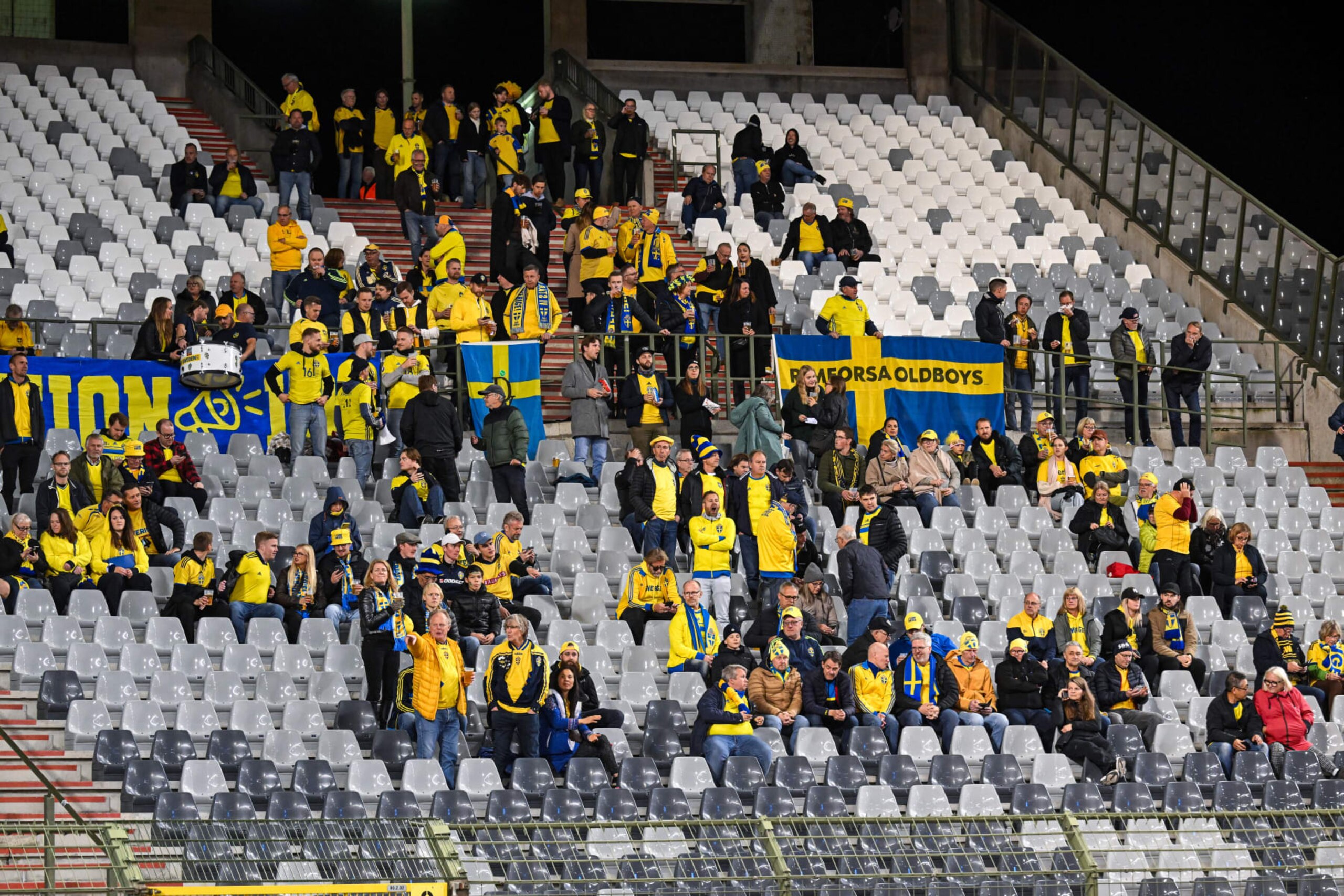 BRUSSELS - Sweden fans during the European Championship qualifying match between Belgium and Sweden at the King Baudouin Stadium on October 16, 2023 in Brussels, Belgium. ANP | Hollandse Hoogte | GERRIT VAN COLOGNE (Photo by ANP via Getty Images)