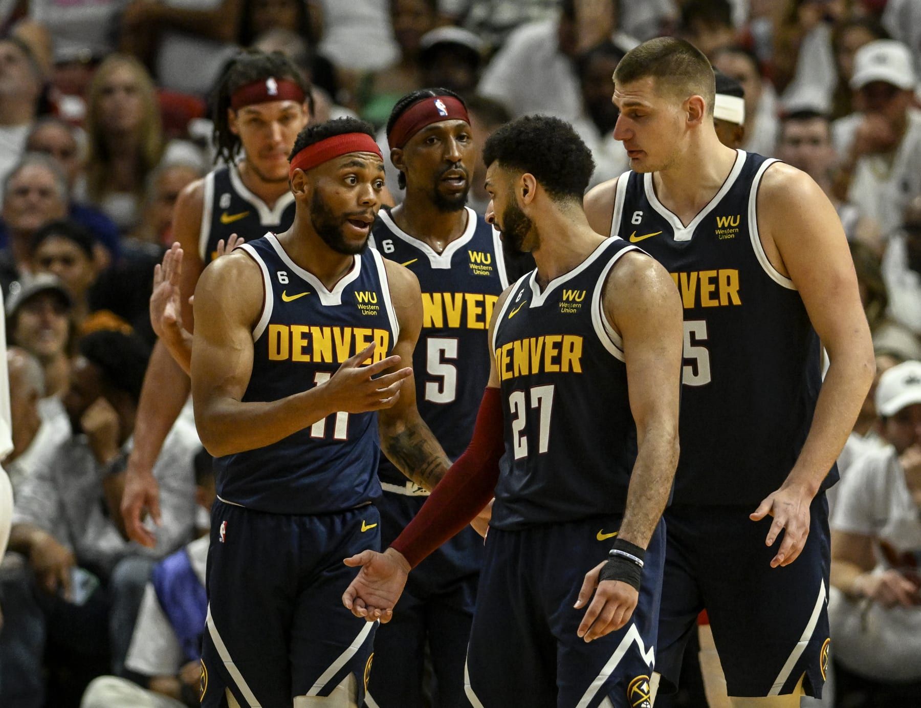 MIAMI, FL - JUNE 9: Bruce Brown (11), Jamal Murray (27), Nikola Jokic (15), Kentavious Caldwell-Pope (5) and Aaron Gordon (50) of the Denver Nuggets work together to dissect the Miami Heat in the fourth quarter of the Nuggets' 108-95 win during Game 4 of the NBA Finals at the Kaseya Center in Miami on Friday, June 9, 2023. (Photo by AAron Ontiveroz/The Denver Post) MIAMI, FL - JUNE 9: Bruce Brown (11), Jamal Murray (27), Nikola Jokic (15), Kentavious Caldwell-Pope (5) and Aaron Gordon (50) of the Denver Nuggets work together to dissect the Miami Heat in the fourth quarter of the Nuggets' 108-95 win during Game 4 of the NBA Finals at the Kaseya Center in Miami on Friday, June 9, 2023. (Photo by AAron Ontiveroz/The Denver Post)