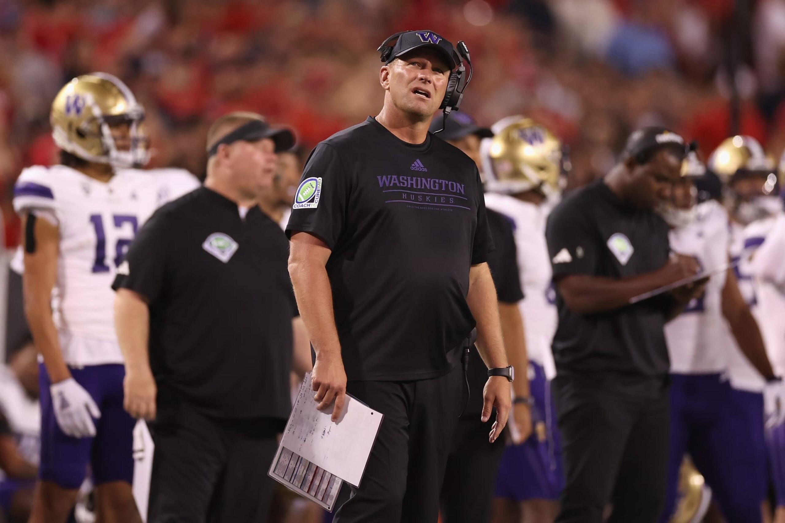 TUCSON, ARIZONA - SEPTEMBER 30: Head coach Kalen DeBoer of the Washington Huskies reacts during the second half of the NCAAF game against the Arizona Wildcats at Arizona Stadium on September 30, 2023 in Tucson, Arizona. (Photo by Christian Petersen/Getty Images)