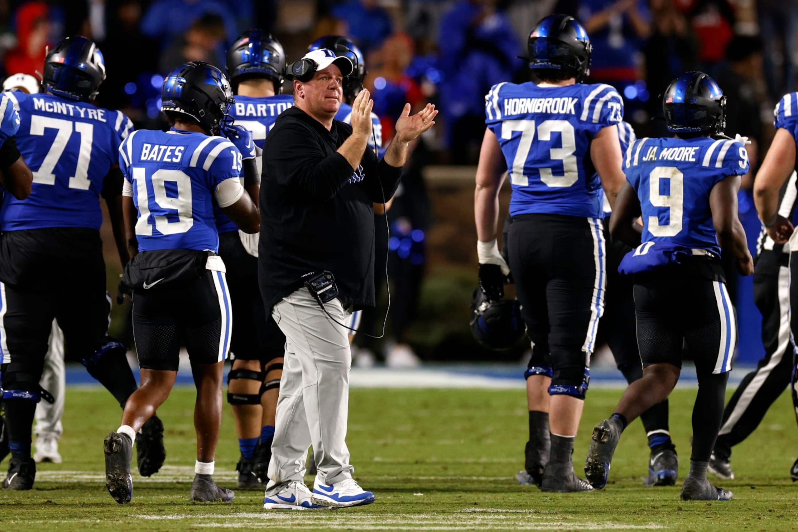 DURHAM, NORTH CAROLINA - OCTOBER 14: Head coach Mike Elko of the Duke Blue Devils reacts near the end of the game against the North Carolina State Wolfpack at Wallace Wade Stadium on October 14, 2023 in Durham, North Carolina. Duke won 24-3. (Photo by Lance King/Getty Images)