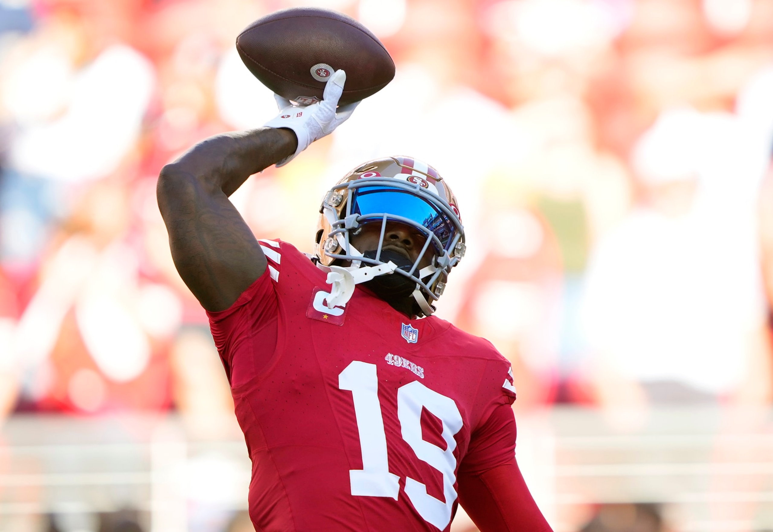 SANTA CLARA, CALIFORNIA - OCTOBER 08: Deebo Samuel #19 of the San Francisco 49ers warms up during pregame warm ups prior to the start of the game against the Dallas Cowboys at Levi's Stadium on October 08, 2023 in Santa Clara, California. (Photo by Thearon W. Henderson/Getty Images)