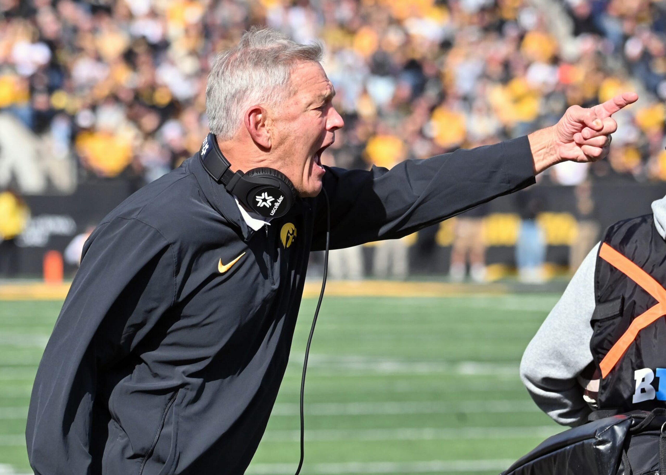 IOWA CITY, IA - OCTOBER 07 Iowa's head football coach, Kirk Ferentz, angrily reacts to an official's call during a college football game between the Purdue Boilermakers and the Iowa Hawkeyes on October 07, 2023, at Kinnick Stadium in Iowa City, Ia. (Photo by Keith Gillett/Icon Sportswire via Getty Images)