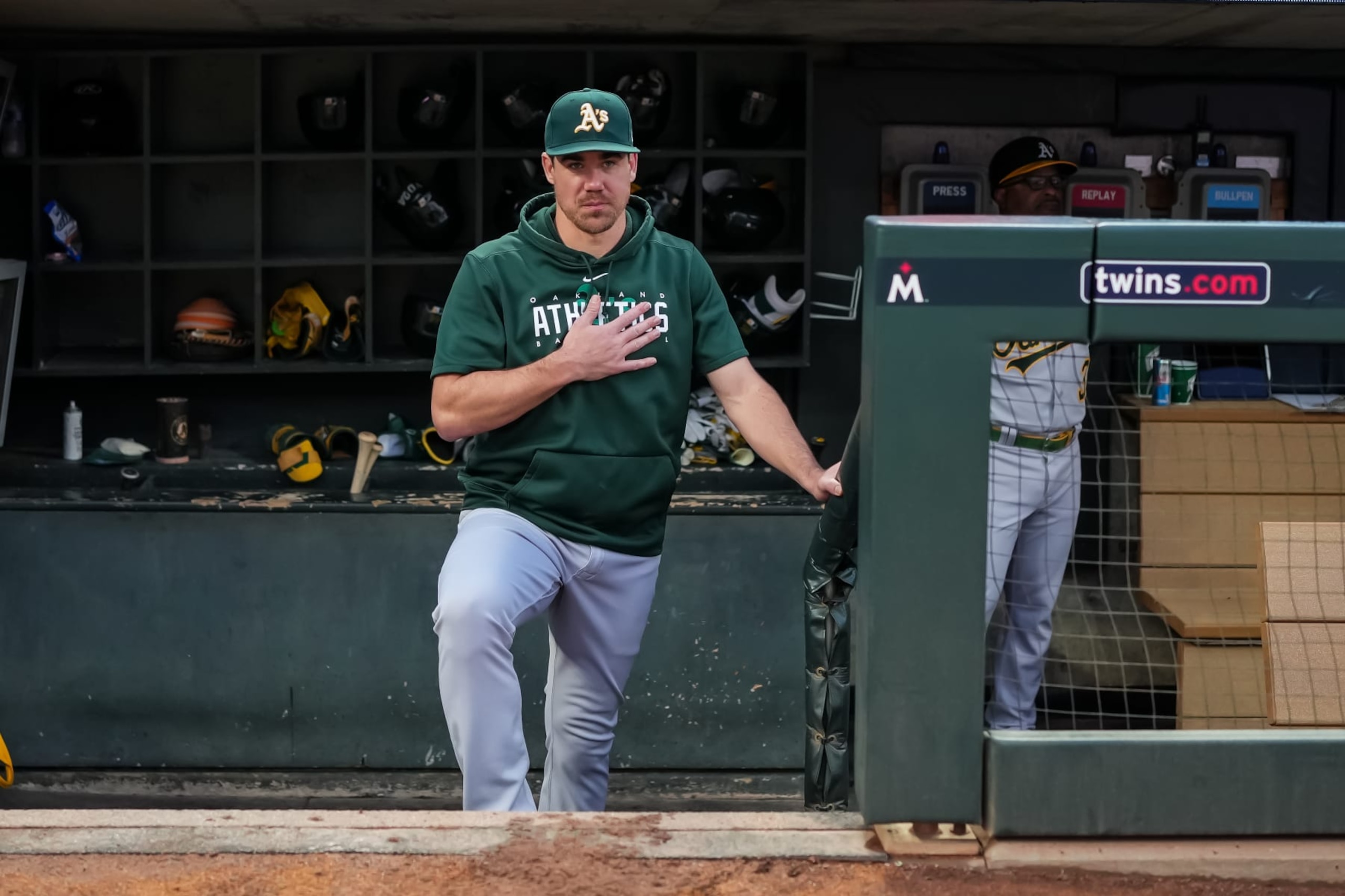 MINNEAPOLIS, MN - SEPTEMBER 26: Trevor May #65 of the Oakland Athletics looks on and is acknowledged by fans prior to the game against the Minnesota Twins on September 26, 2023 at Target Field in Minneapolis, Minnesota. (Photo by Brace Hemmelgarn/Minnesota Twins/Getty Images)